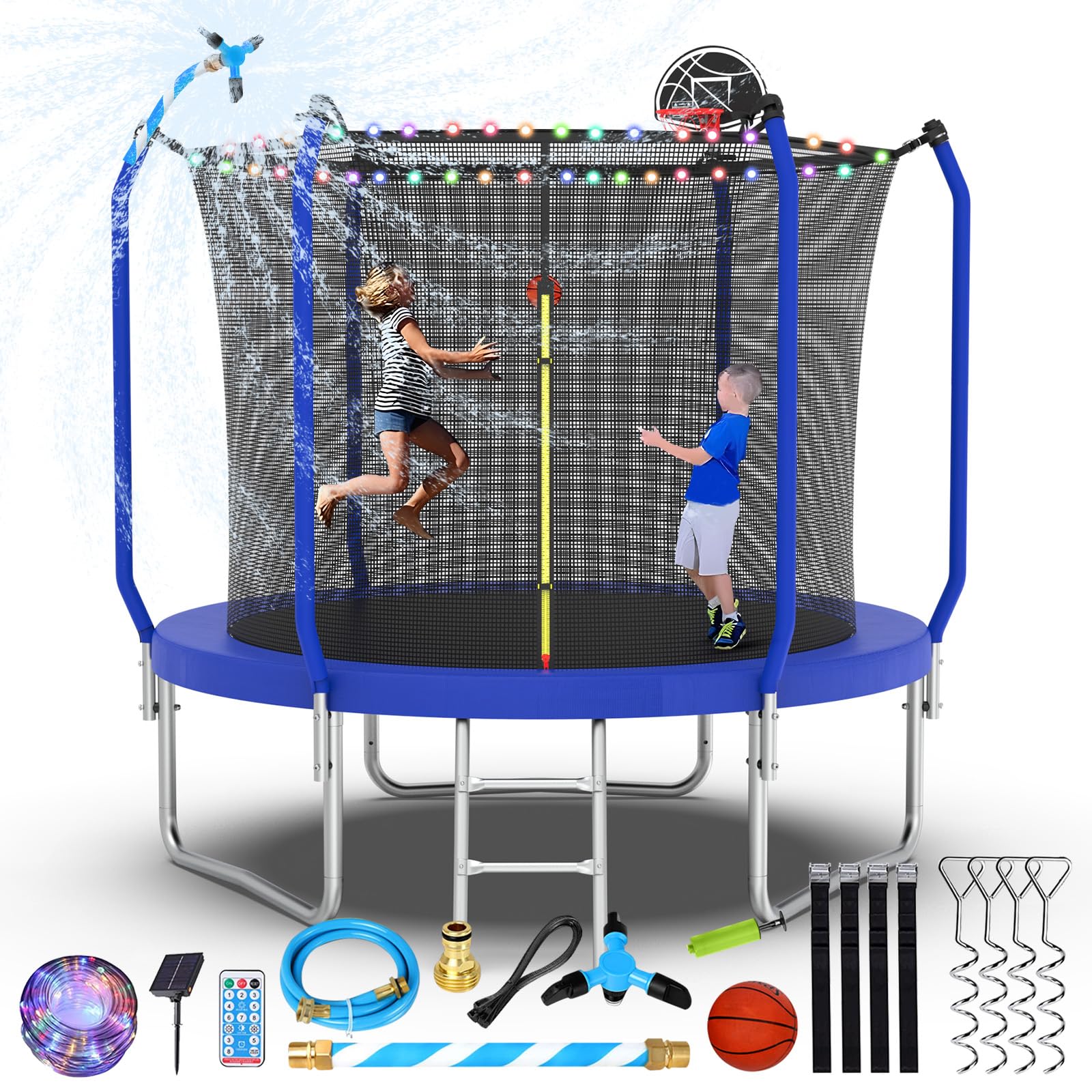 Lyromix Upgraded 8FT Trampoline for Kids and Adults, Large Outdoor Trampoline with Basketball,Stakes, Light, Sprinkler,Basketball Hoop and Net, Capacity for 3-5 Kids and Adults, Royal Blue