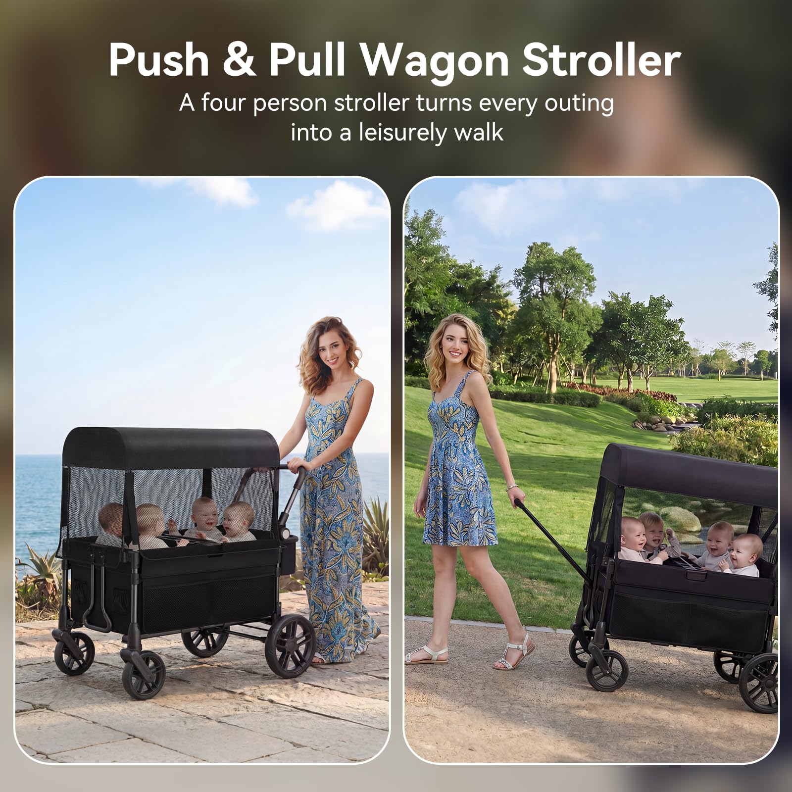 Fldofaves Wagon Stroller for Kids, 4-Seat Kid Wagon for Toddlers, Multi-Child Baby Wagon Stroller, Heavy-Duty Kids Wagon with Canopy, Large Foldable Toddler Stroller Wagon for Outdoor Travel