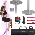 ILOGICASE Spinning Dancing Pole for Home | Portable and Heavy Duty 45mm Dance Pole Apartment Friendly, Adjustable Height 7ft to 11ft, w/Pole Conditioning Bands Set, LED Light and Carry Bags (Chrome)