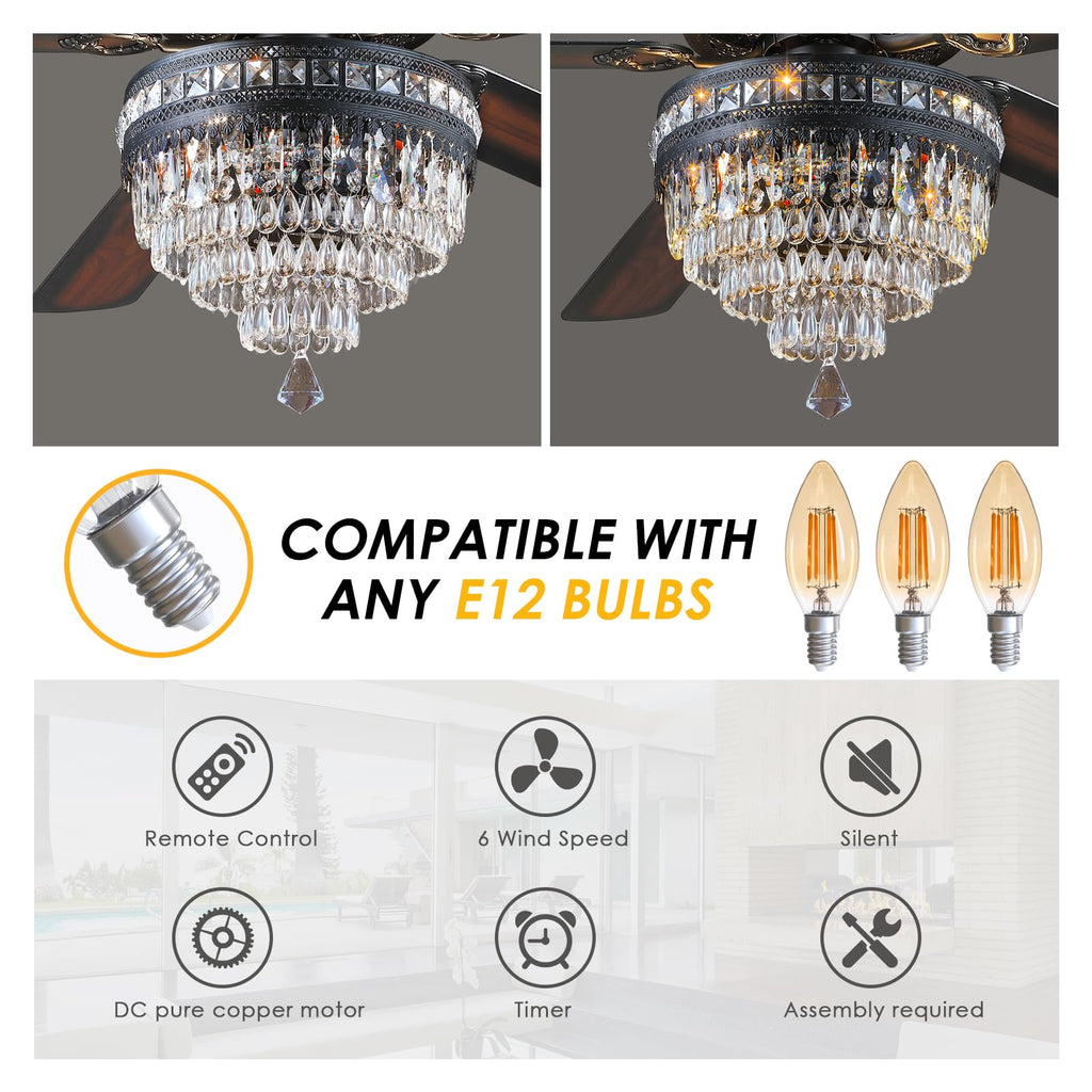Asyko 62" Crystal Ceiling Fan Fandelier with Lights - Black Modern Crystal Chandelier Fans with Remote Control，Noiseless DC Motor, Retro/Farmhouse Lighting, Dining Room， Living Room