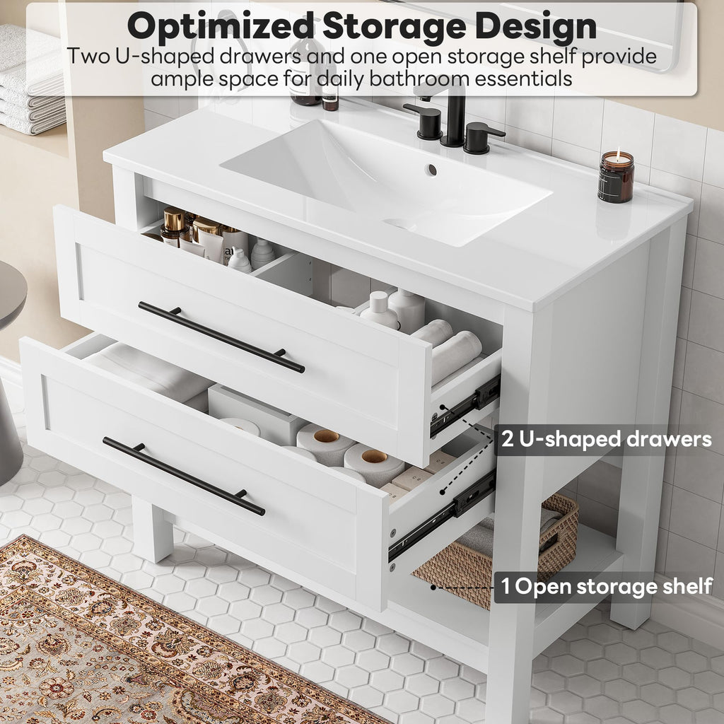 LIKIMIO 36" Bathroom Vanity with Sink, Freestanding Bathroom Vanity with 2 U-Shaped Drawers & Open Shelf, Integrated Ceramic Sink, Modern Bathroom Storage Cabinet, Easy Assembly, White