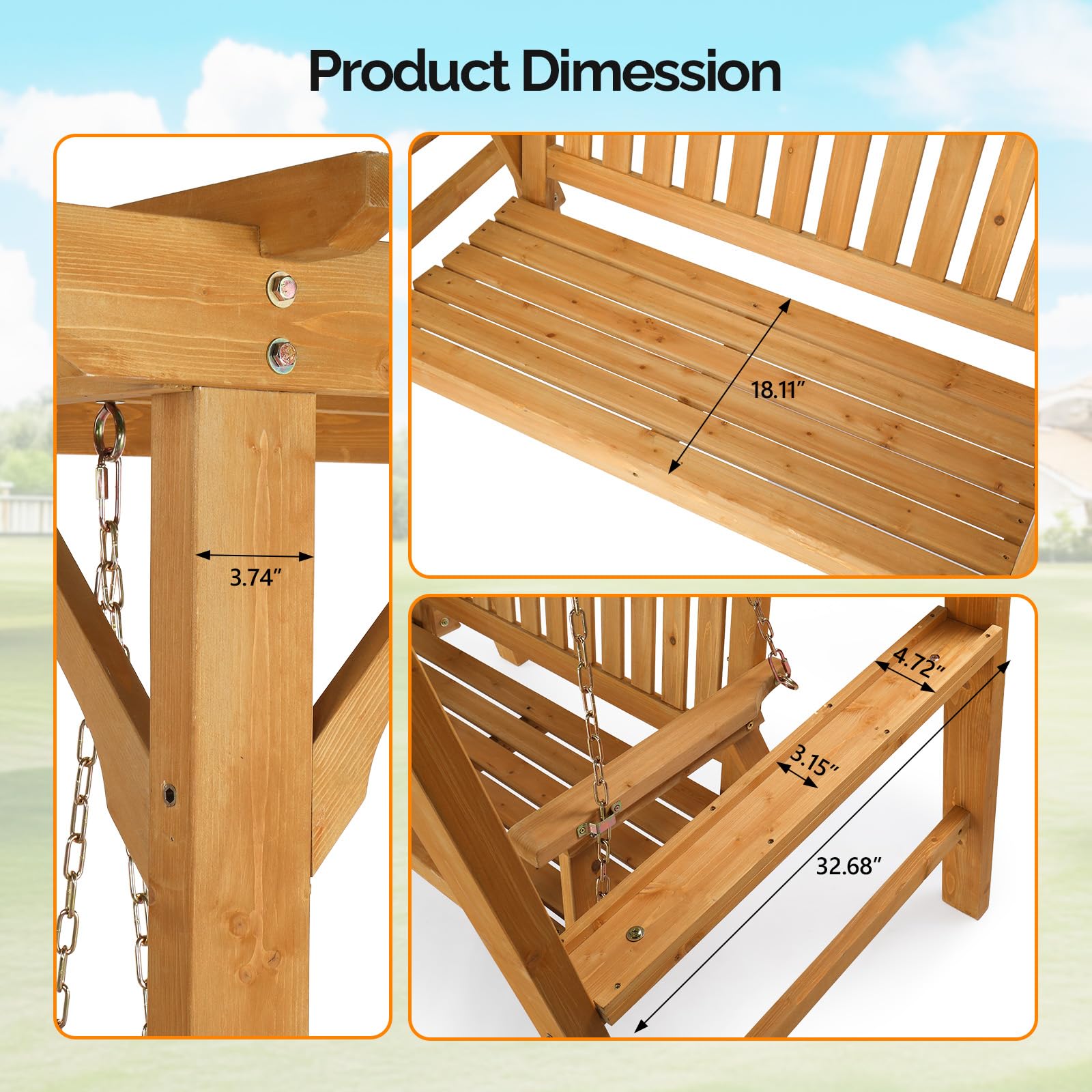 VINGLI 4 FT Heavy Duty Wooden Porch Swing with Stand, Waterproof Patio Swing with Archway-Shaped Swing Set, Outdoor Swing Chair with Frame for Garden, Yard and Patio