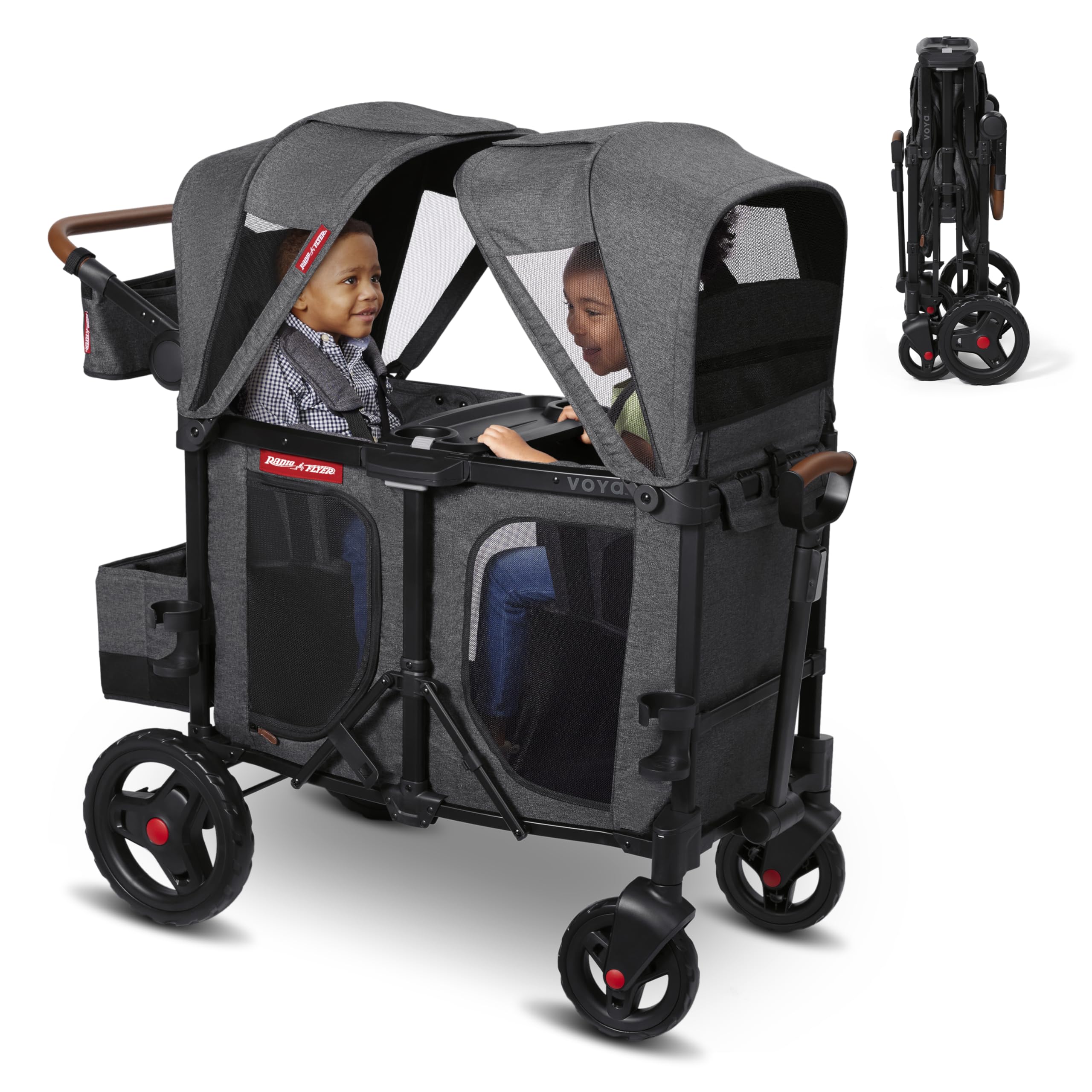 Radio Flyer Voya Stroller Wagon, for Ages 6+ Months, Extra Tall Sides, Push or Pull, 2 Seats, Dual Sun Canopies, Compact Fold, Lightweight, Storage Space, 5-Point Harnesses, Stroller Wagon for Kids