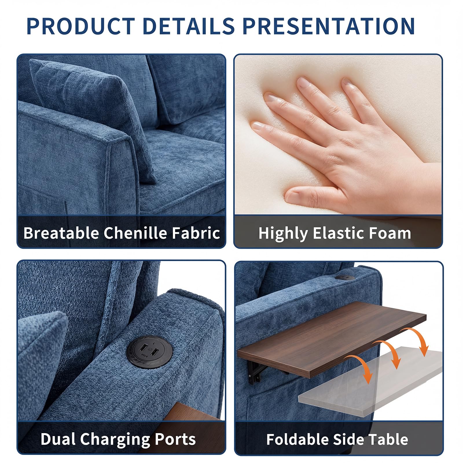 Modular Sectional Couch with Pull Out Sofa Bed, 116" U Shaped Modular Cloud Sofa Set with Ottoman, Charging Port & Foldable Side Table, 7 Seater Comfy Chenille Sleeper Couch for Living Room, Blue