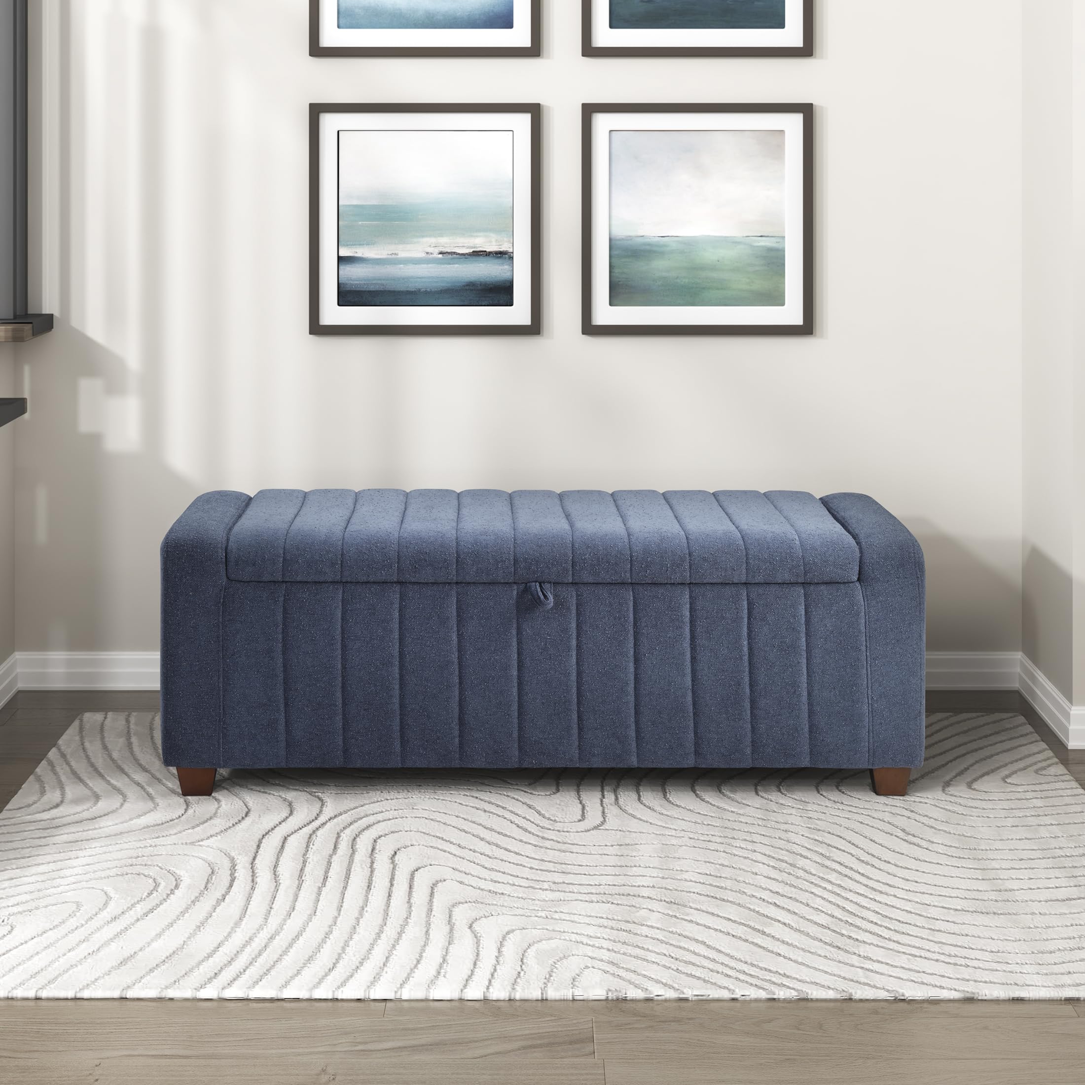 Lexicon Storage Bench, Modern Striped Boucle Upholstered Entryway Bench with Solid Wood Leg Support, Storage Chest for Entryway/Living Room/Bedroom, Blue