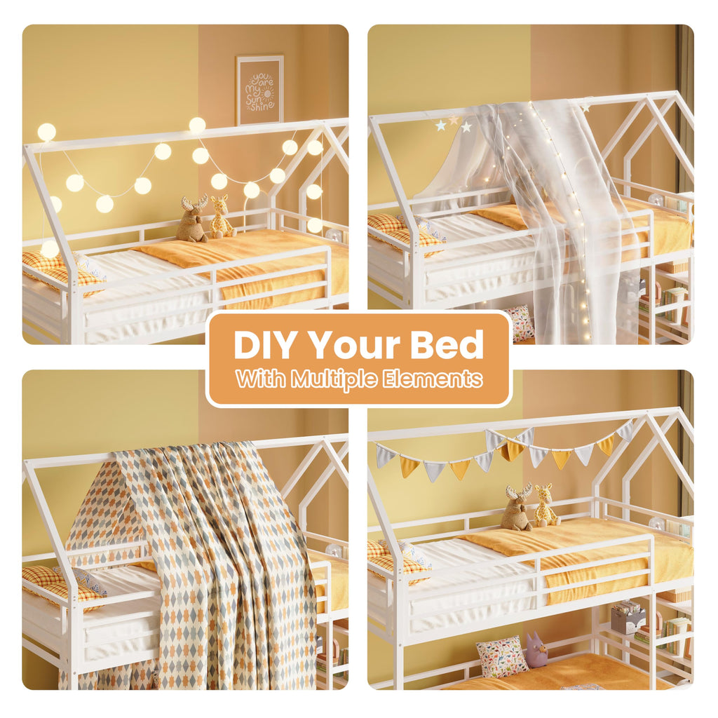LIKIMIO Bunk Bed Twin Over Twin, Twin Bunk Beds Frame with 3-Tier Storage Bookshelf, Metal Twin House Bed Ladder and Safety Guardrail, Space Saving for Apartment or Dorm, No Box Spring Needed, White
