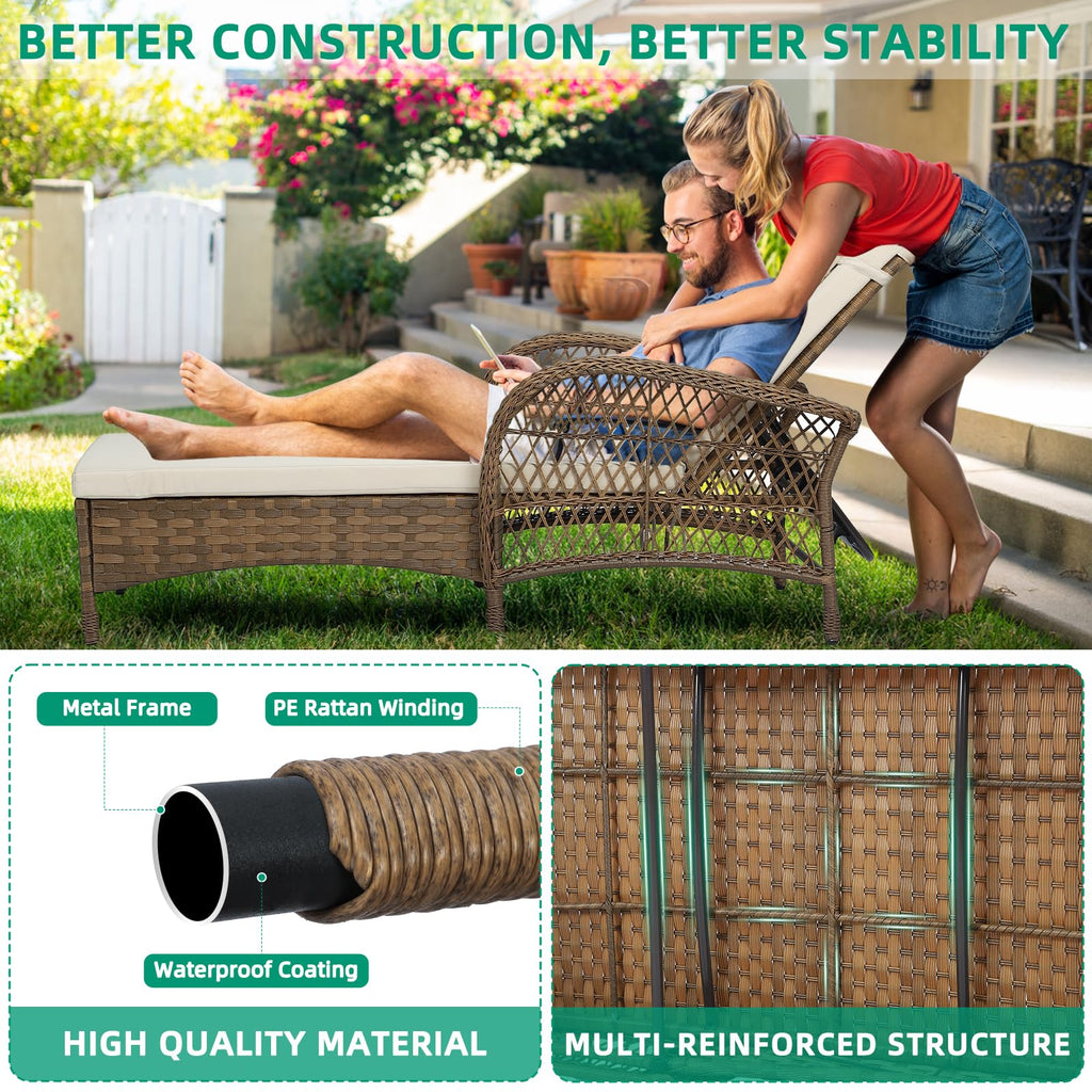 VIVIJASON 3 Pieces Outdoor Wicker Chaise Lounge Chair Set, All-Weather PE Rattan Cushioned Patio Lounger Set of 2 with Side Table, Adjustable Pool Sunbathing Recliner with Armrest & Pillow, Beige