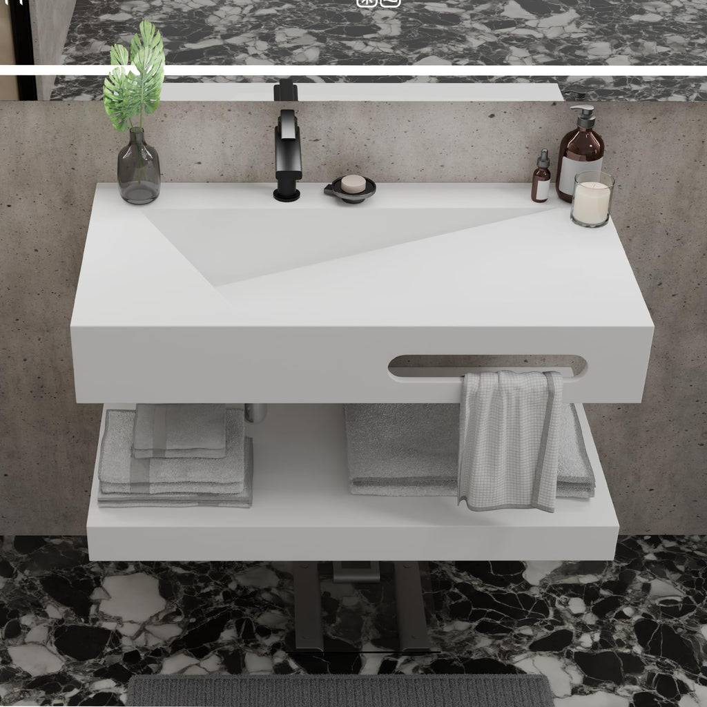 QJ&XY Resin Bathroom Sink 32" Wall Mounted V-Shaped White Basin with Towel Rack, Floating Vanity Sink in Soft-Touch Finish (Double Tier)