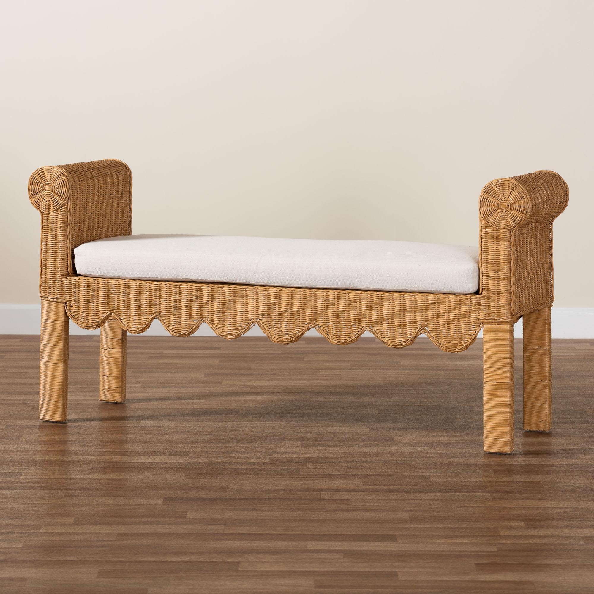 Bali & pari Reiko Handwoven Natural Rattan Bench with Scalloped Detailing – Boho Farmhouse Entryway, Bedroom, or Living Room Accent Seating