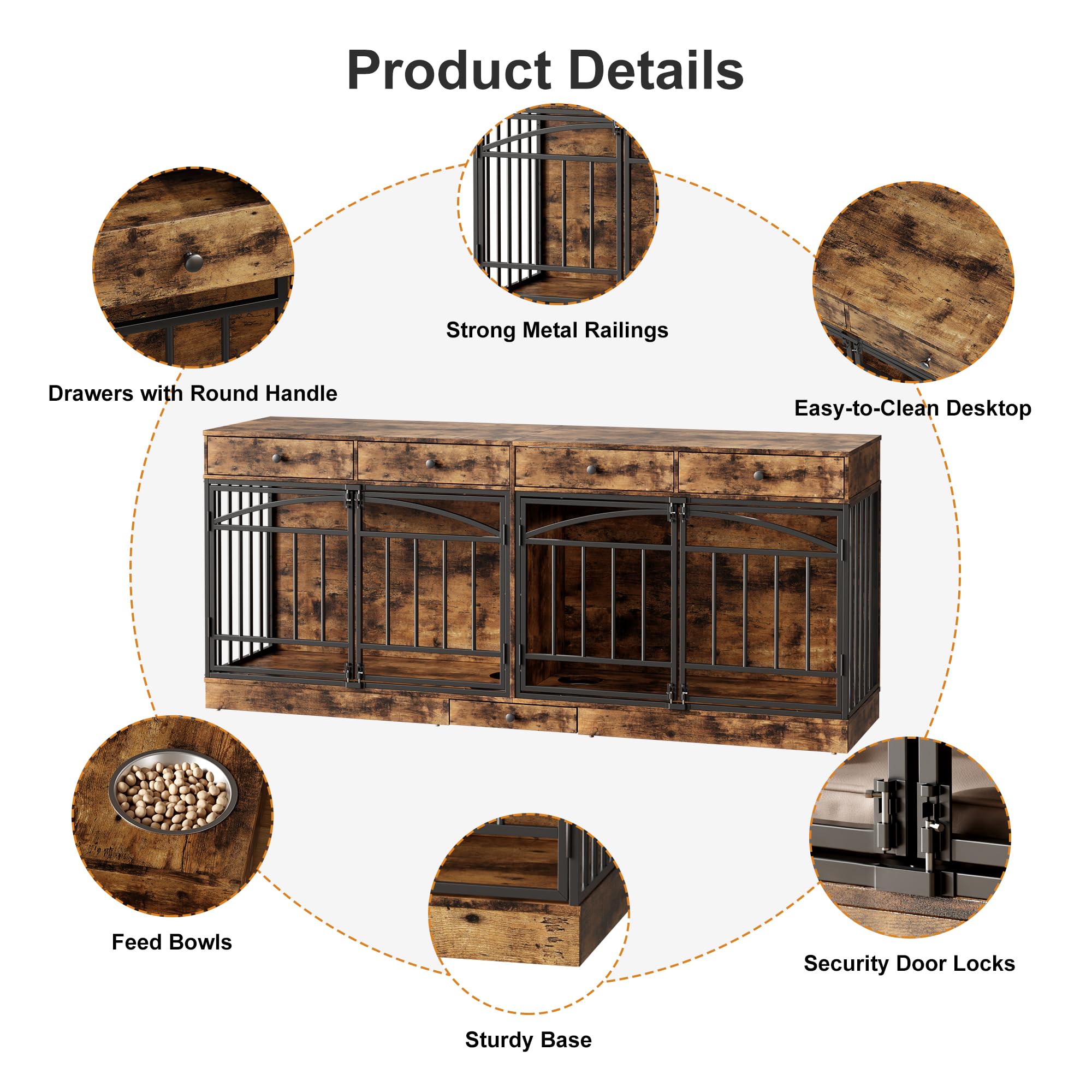 GarveeHome Dog Crate Furniture for 2 Dogs, Dog Kennel Indoor with 4 Storage Drawers and Feeding Bowls, Double Dog Crate TV Stand for Small Medium Dogs, Brown