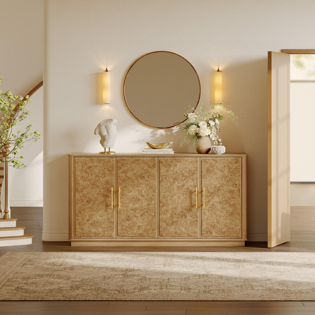 SICOTAS Buffet Cabinet with Storage - Burluxe 59" Sideboard Cabinet with 4 Doors Luxury Burl Storage Cabinet Accent Credenza Large Media Console Table for Living Room Dining Room Entryway Kitchen