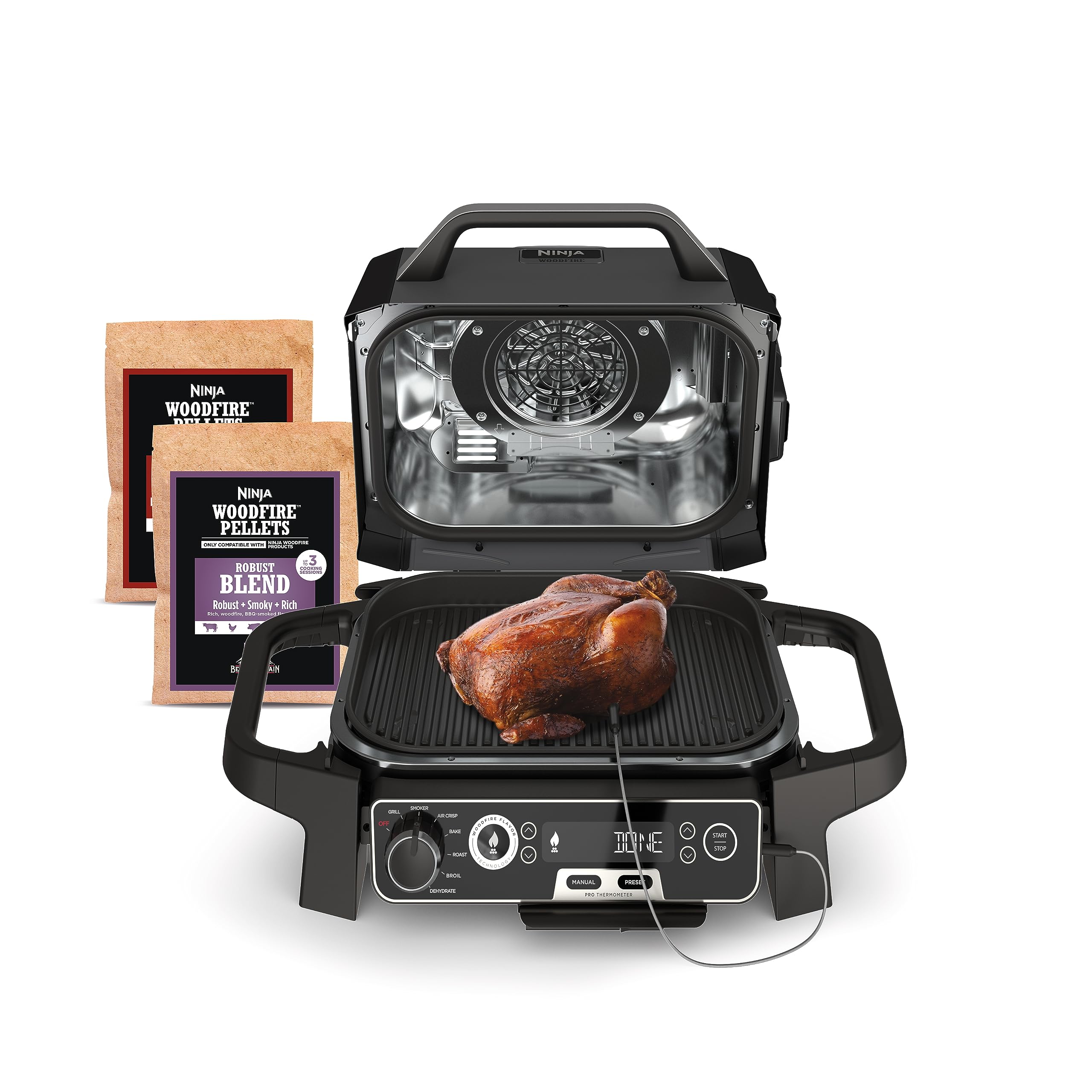 Ninja OG751 Woodfire Pro Outdoor Grill Built-In Thermometer,7-in-1 Master Grill,BBQ Smoker,& Outdoor Air Fryer Plus Bake,Roast,Dehydrate & Broil,Woodfire Technology,Weather-Resistant,Grey XL