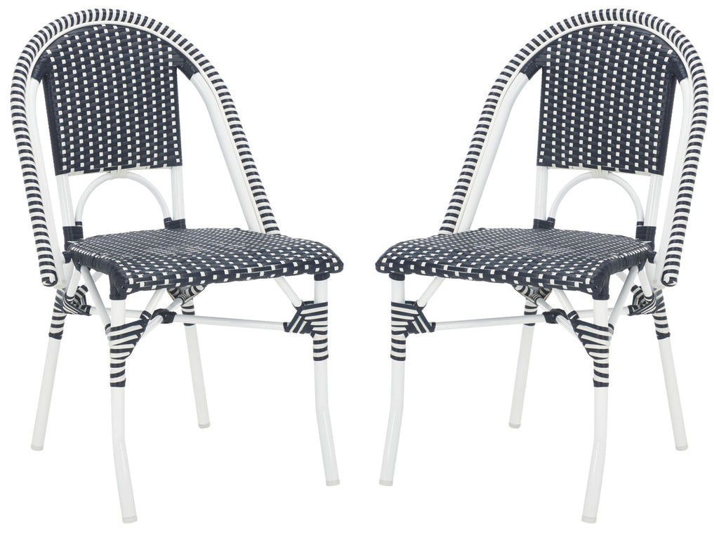 SAFAVIEH Outdoor - Torino Bistro Chair Set of 2 - Navy & White - Faux Wicker & Aluminum Frame - Bistro Side Chair Design - Ideal for Patio, Deck, Sunroom, Dining Area, 18" Seat Height (PAT7550F-SET2)
