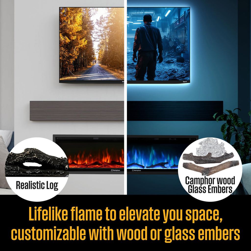 Westinghouse 60 Inch Electric Fireplace Heater, Compatible with Alexa & Google Home, Wall Mount or in-Wall Recessed Fireplace Insert, 24 Hour Timer, Color Changing Flames, 750W/1500W Indoor Heater