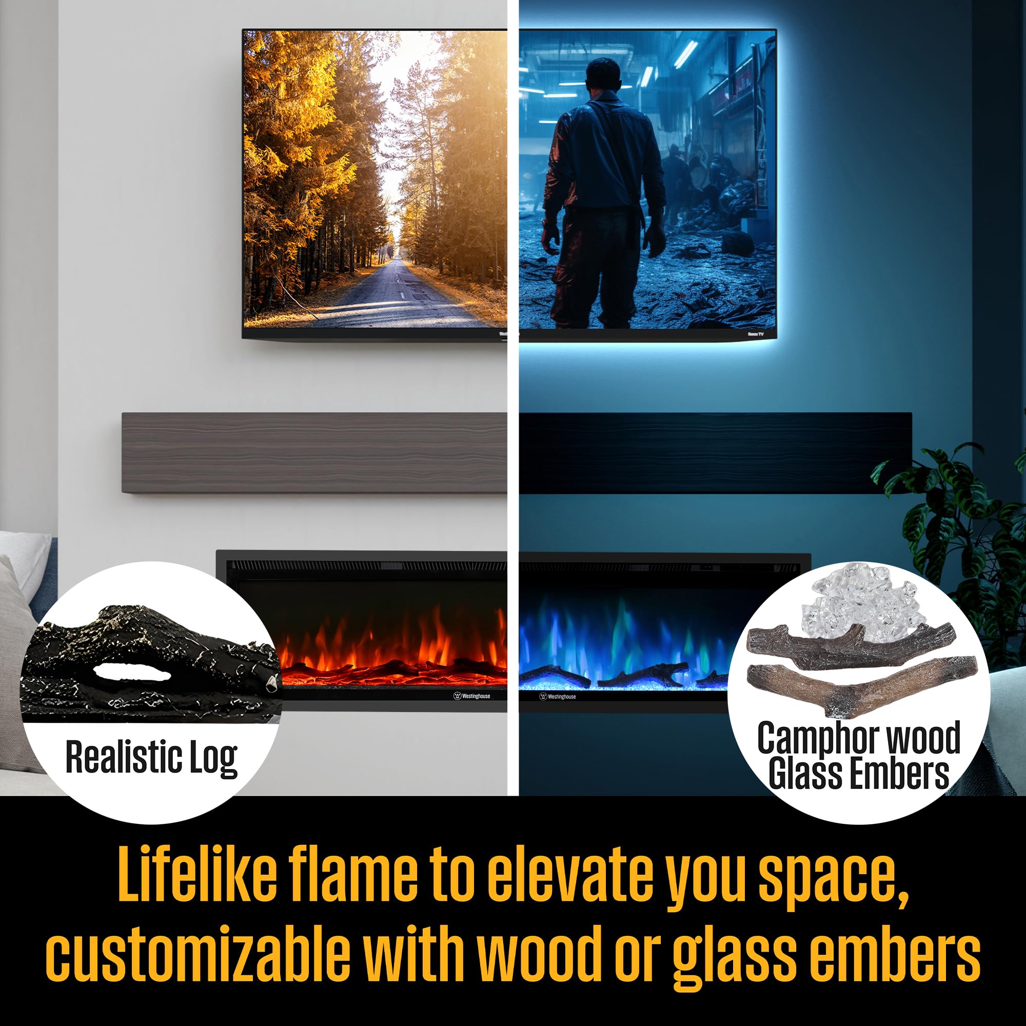 Westinghouse 60 Inch Electric Fireplace Heater, Compatible with Alexa & Google Home, Wall Mount or in-Wall Recessed Fireplace Insert, 24 Hour Timer, Color Changing Flames, 750W/1500W Indoor Heater