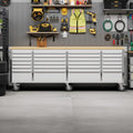 PeakPursuit 96" Rolling Tool Chest with 24 Drawers, Solid Rubber Wood Workbench Top, Locking Wheels & Key Lock, Mobile Garage Storage Cabinet for Workshop Organization, Silver