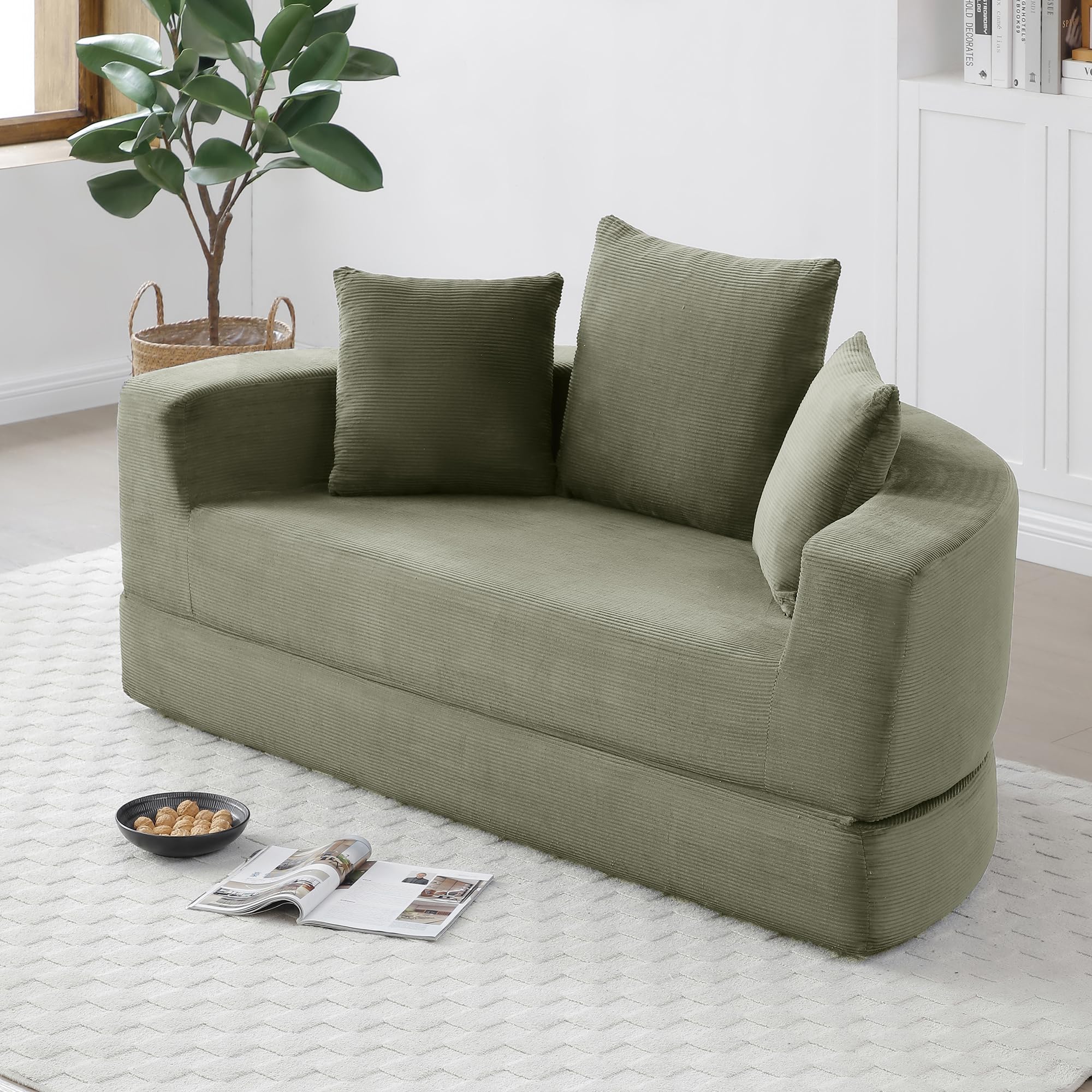 KEIKI 67" Corduroy Convertible Circular Floor Sofa Bed,Multi-Functional Adjustable Futon Couch for Living Room Apartment Office,No Assembly