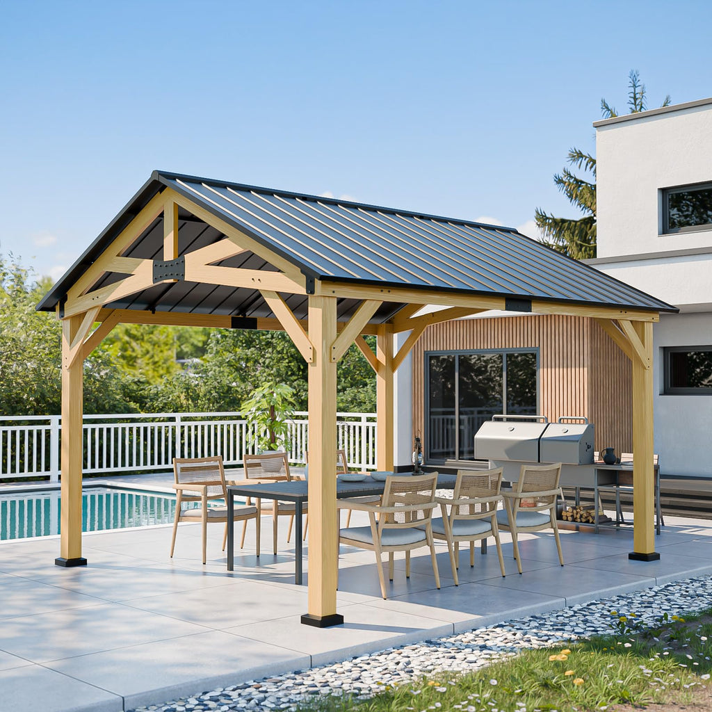INTER HUT 10x12 Hardtop Gazebo with Netting and Curtains, Galvanized Steel Double Roof Outdoor Pavilion with Aluminum Frame, Patio Gazebo for Deck, Garden, Lawn, White/Gray