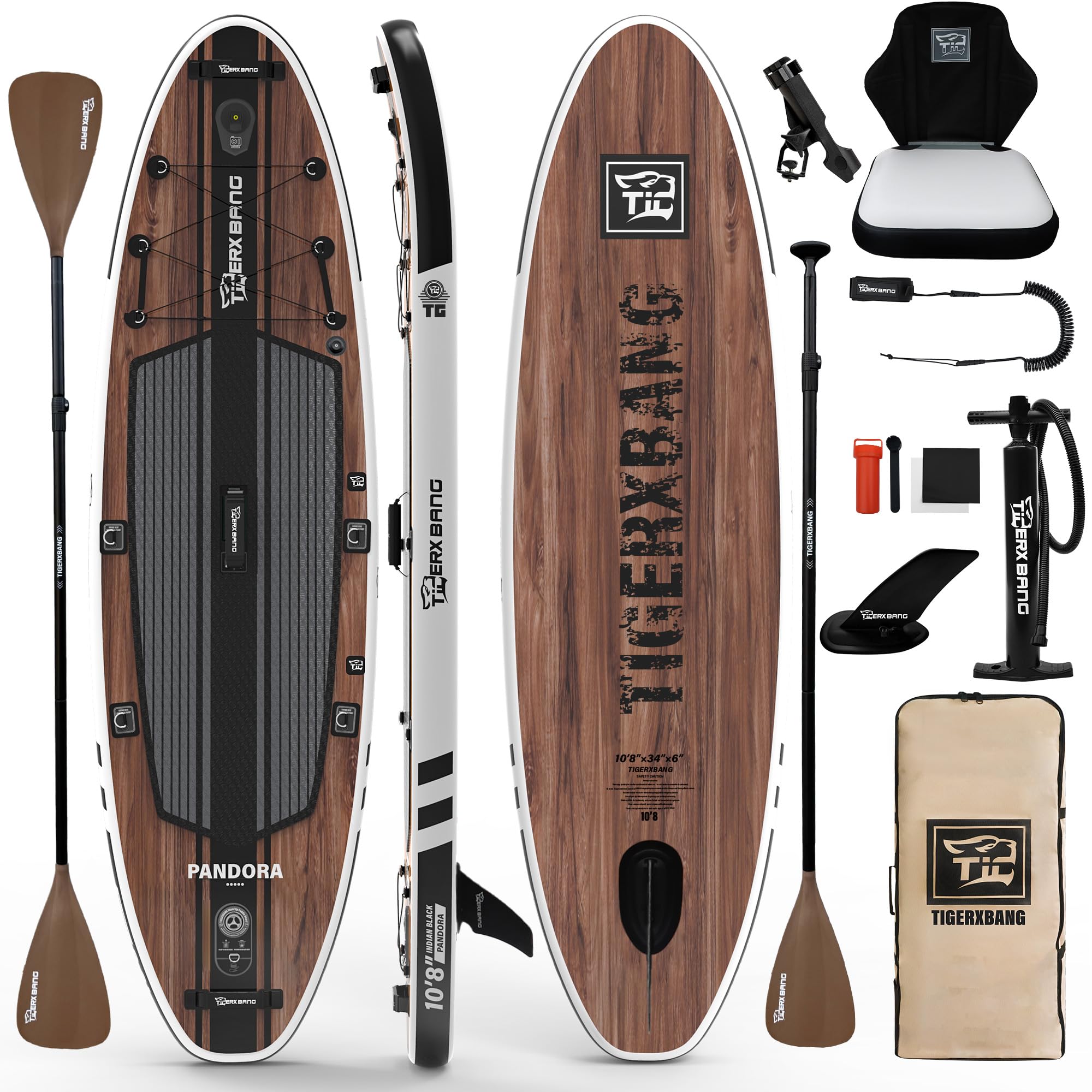 TIGERXBANG Inflatable Paddle Board 10'8", Extra Wide, Upgraded Seat, Accessory Mount & Fishing Rod Holder, Premium Accessories for Leisure Paddling & Fishing