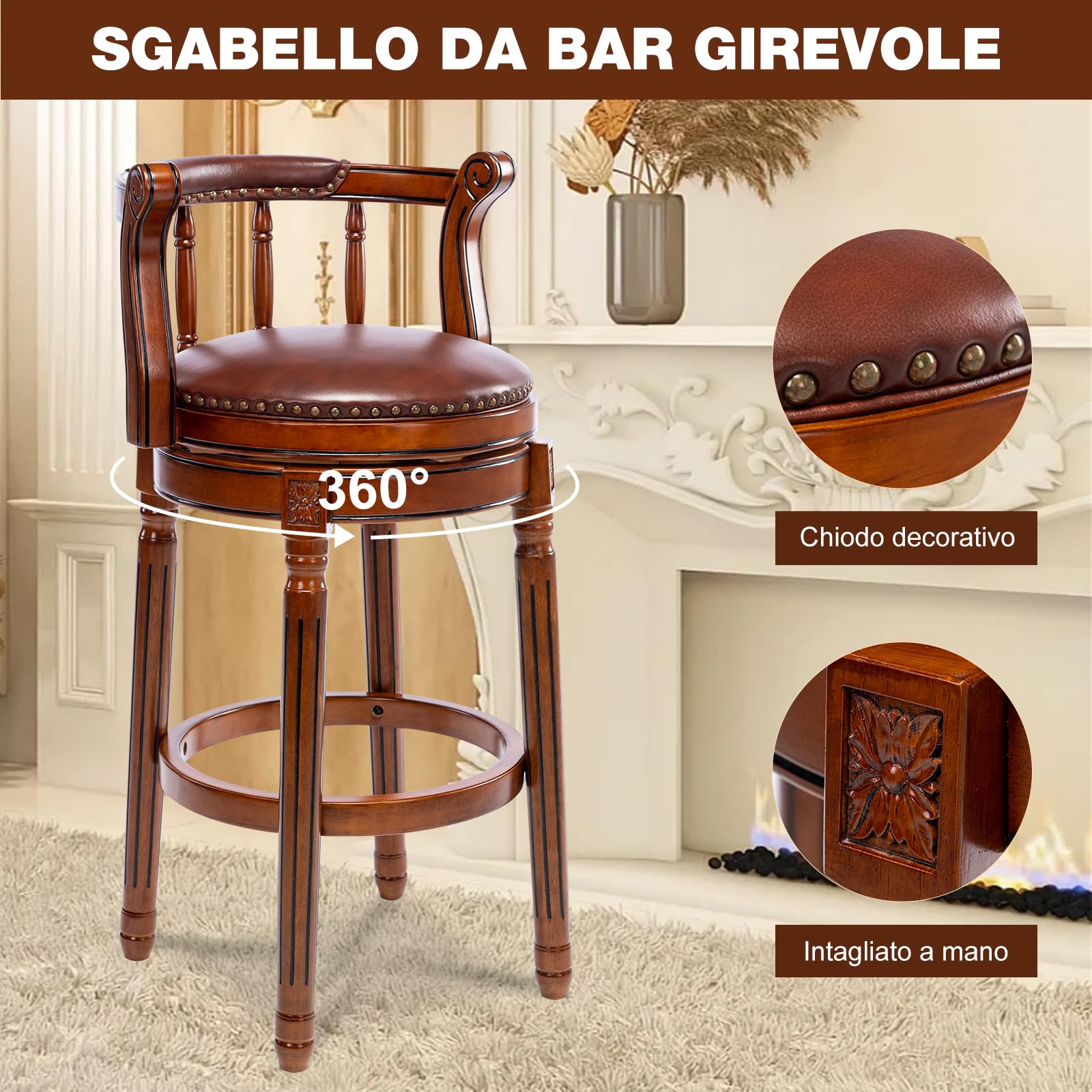 AULIFE Cow top Leather Wooden Bar Stools, 360 Degree Swivel Bar Height Chair with Backs for Home Kitchen Counter, Morden Chair Barstools (Brown 1pc, Bar Height-Seat Height 29.5”)