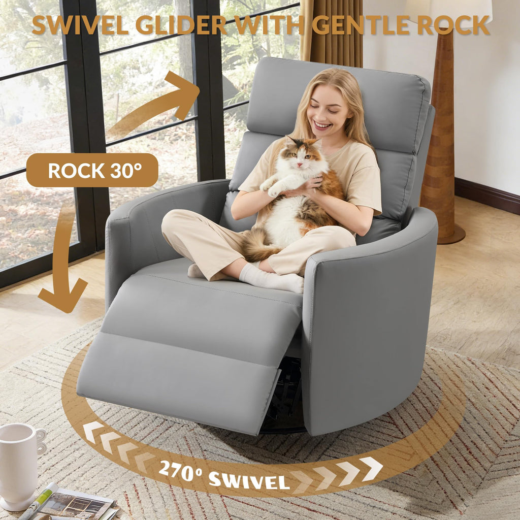 GRAINELL Oversize Power Swivel Recliner, 40in Wide Electric Glider Rocking Chair with Headrest Adjustment, USB Port, 270° Swivel, Rock 30°– for Living Room, Nursery, Leather Grey (5"7' to 6"1' Height)
