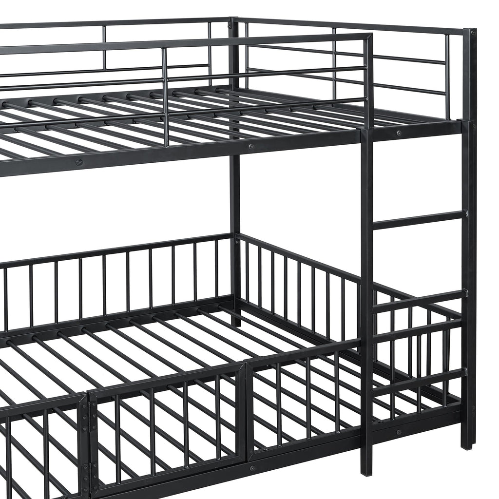 Bellemave Full Over Full Bunk Bed with Slide and Ladder, Metal Low Bunk Bed for Kids, Girls, Boys, Removable Fence, with Door, Black