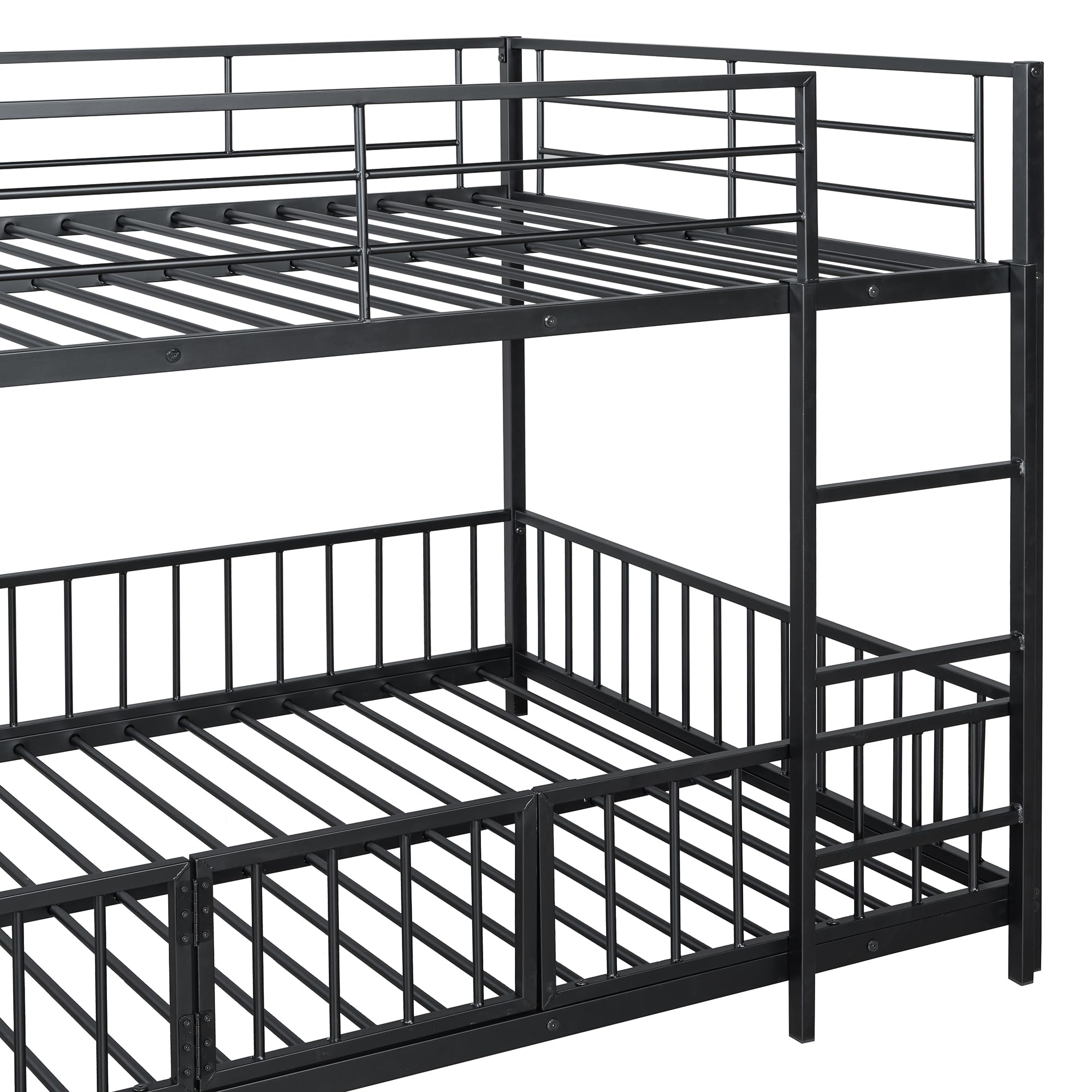 Bellemave Full Over Full Bunk Bed with Slide and Ladder, Metal Low Bunk Bed for Kids, Girls, Boys, Removable Fence, with Door, Black