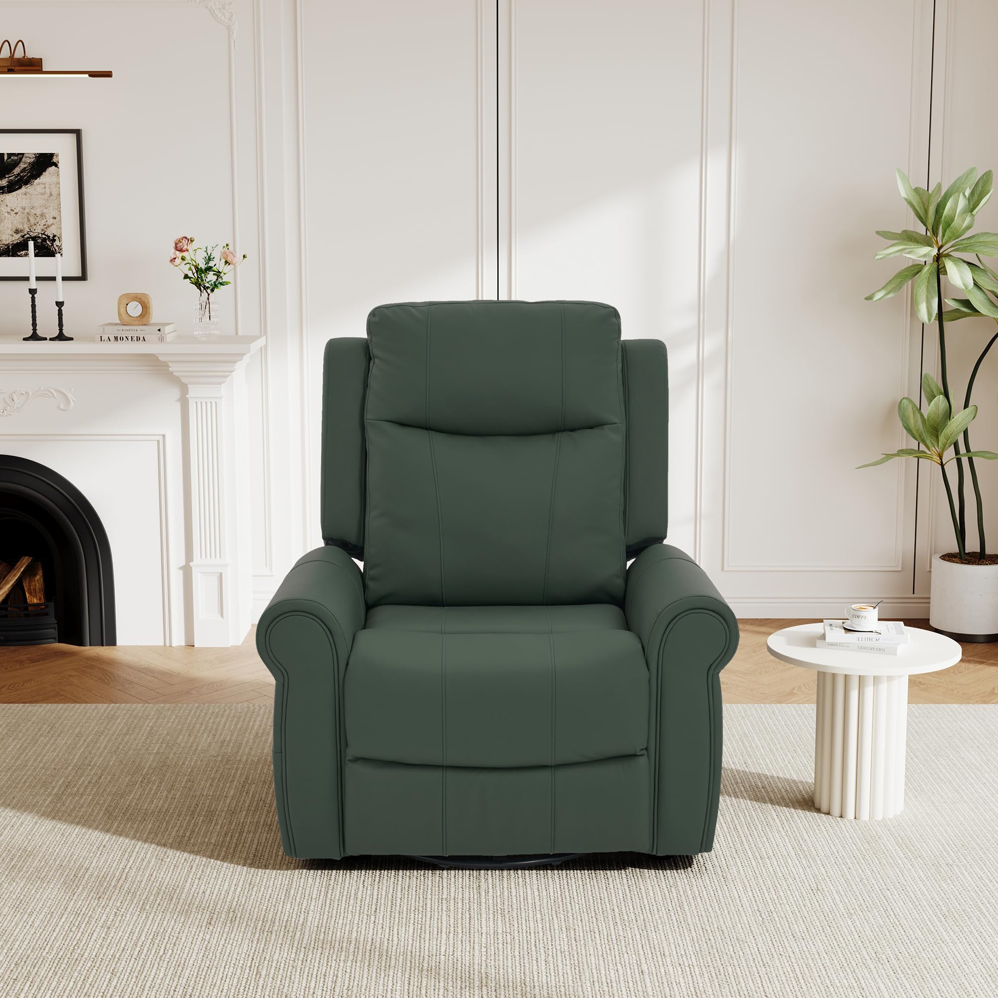 Merax 270°Swivel Rocker Recliner Chair, PU Leather Manual Recliner with Massage and Heating, Dual Reclining Positions and Side Pocket and for Living Room, Bedroom, or Nursery, Green