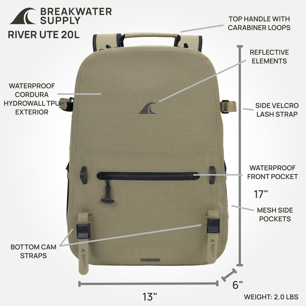 Breakwater Supply™ River Ute Waterproof IP68 Hunting Backpack, Floating TPU Submersible Dry Bag with Padded Hip Belt and Airtight Zippers | 20L (River Ute 20L CORDURA Safari Tan)
