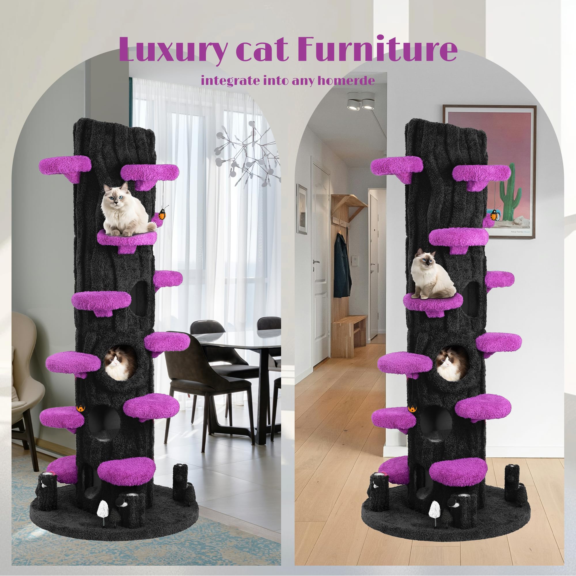 KAMABOKO 90.5" Tall Cat Tree for Indoor Cats, Large Cat Tower with Luxury Cat Condo, Cat Tree Tower with Soft Cushion, Scratching Board, Plush Platform＆ Top Perch, Purple