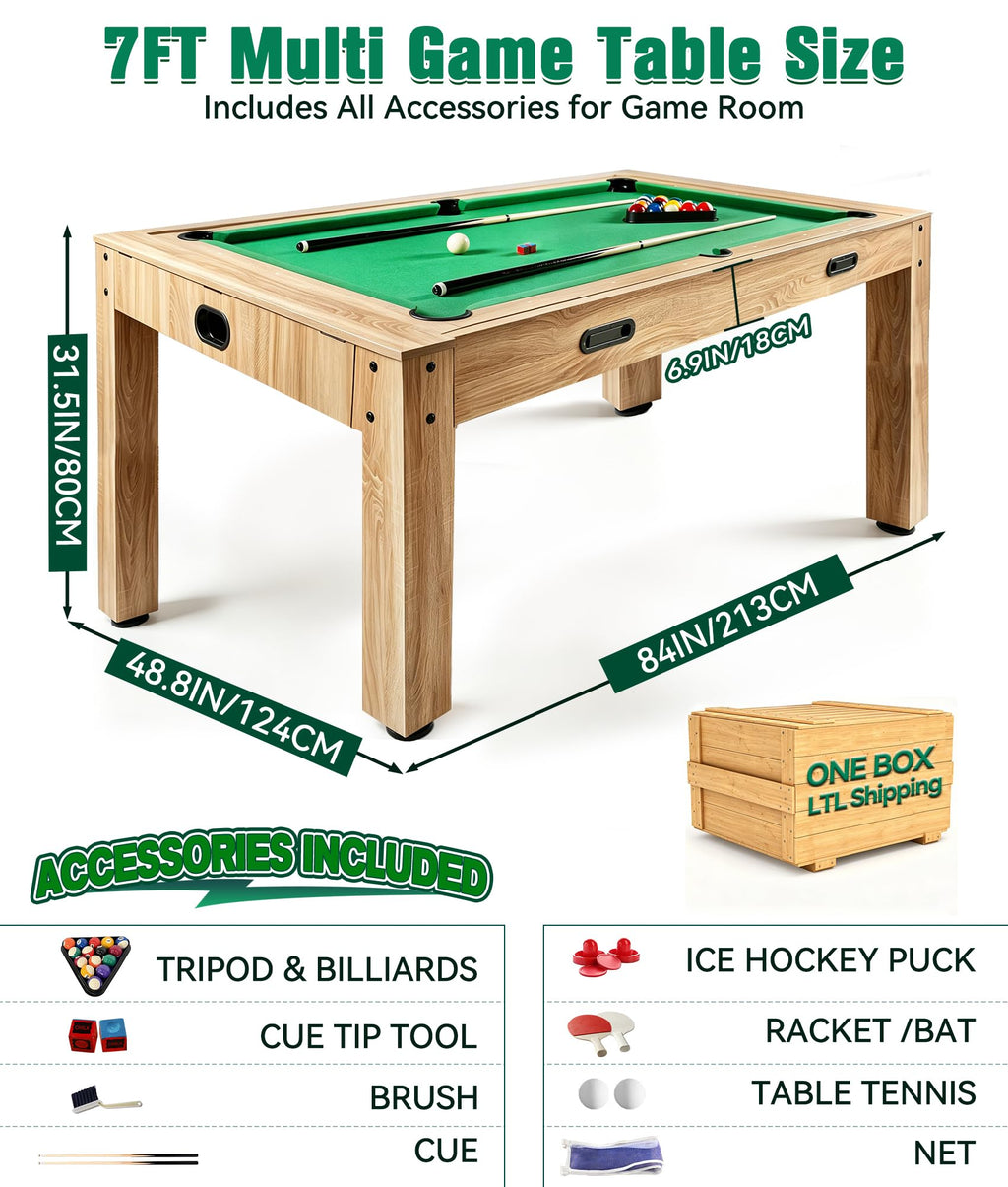 7FT 4-in-1 Multi Game Table with Pool Table Air Hockey Ping Pong, Convertible Pool Dining Table & Desktop with Locked Wheels, Complete Accessories Table Combo for Home, Game Room and Family Daily Use