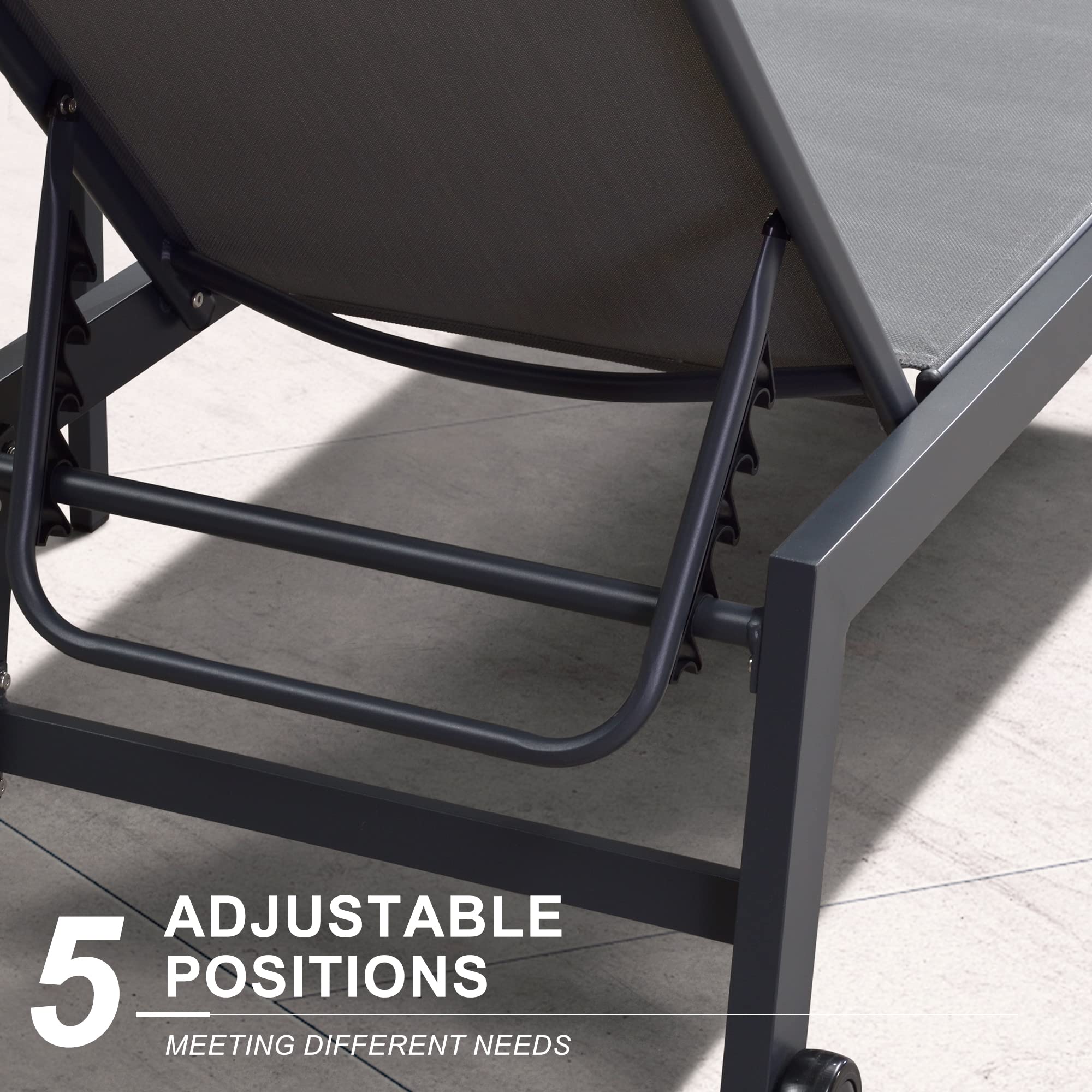 PURPLE LEAF Outdoor Chaise Lounge with Wheels for Outside 2 Pieces Aluminum Patio Lounge Chair with 5 Adjustable Position Sunbathing for Patio, Beach, Yard, Pool, Side Table Included, Grey