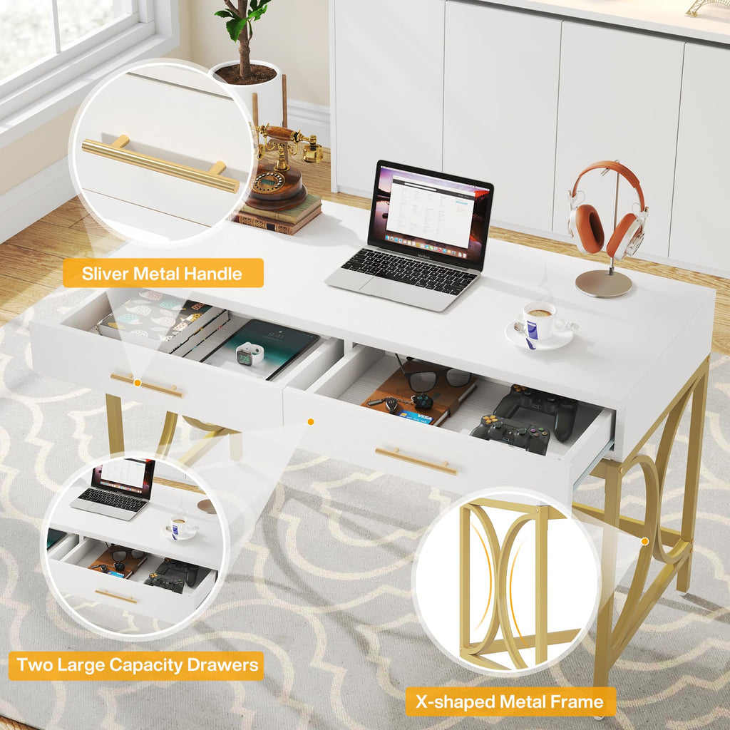 LITTLE TREE 41" Computer Desk with Two Drawers, Modern Study Writing Desk with Storage, White Makeup Vanity Table Office Desk with Gold Metal Frame for Home Office