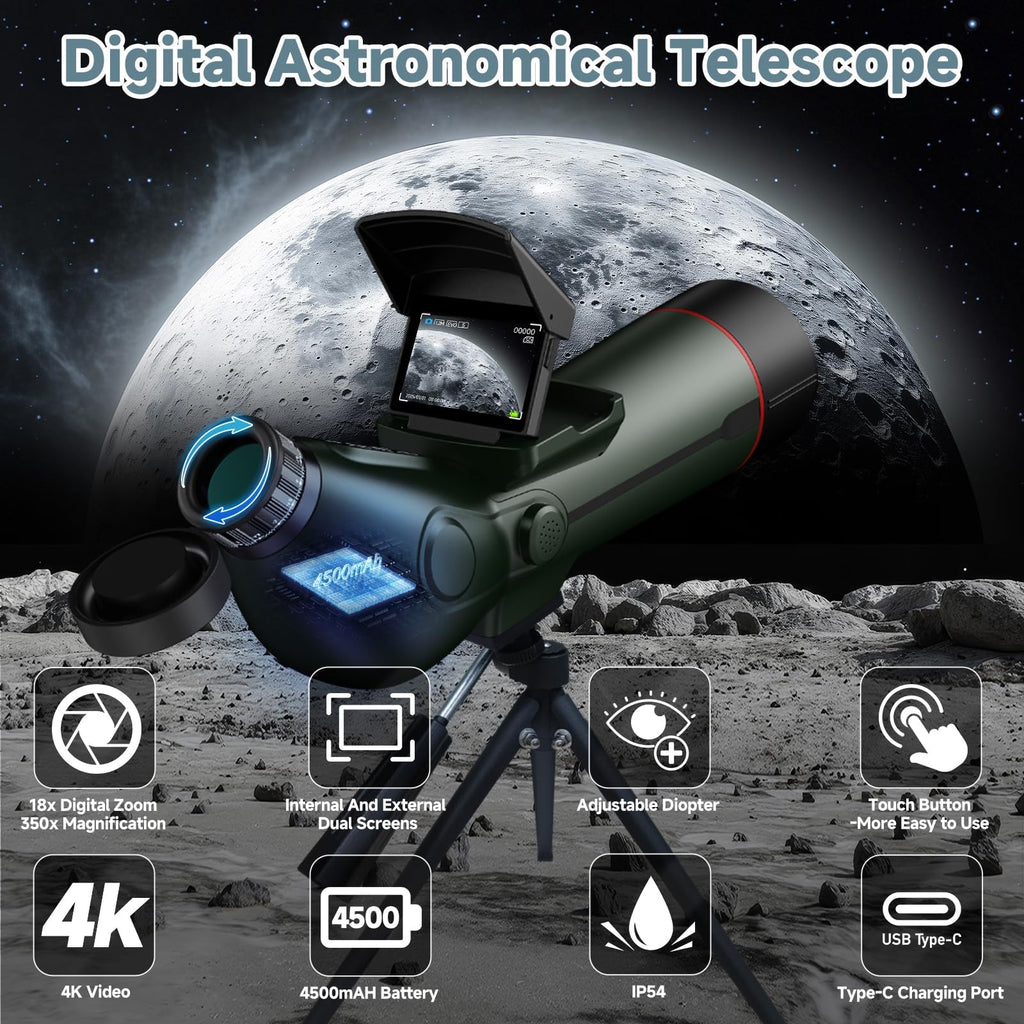 Smart Telescope, Professional Refractor Auto-focus Portable Digital Electronic Telescopes with 4K Astrophotography Camera, Internal And External Dual Screens Spotter for Adults and Beginners Astronomy