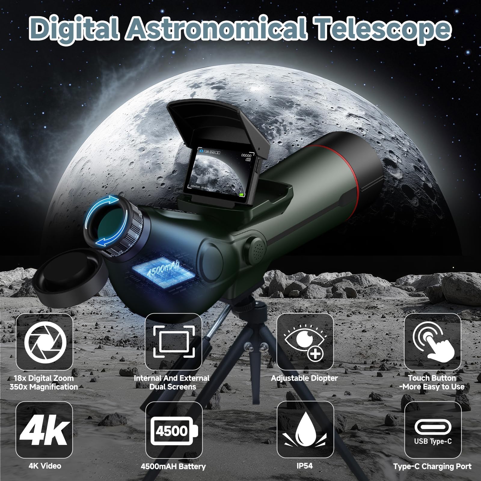 Smart Telescope, Professional Refractor Auto-focus Portable Digital Electronic Telescopes with 4K Astrophotography Camera, Internal And External Dual Screens Spotter for Adults and Beginners Astronomy