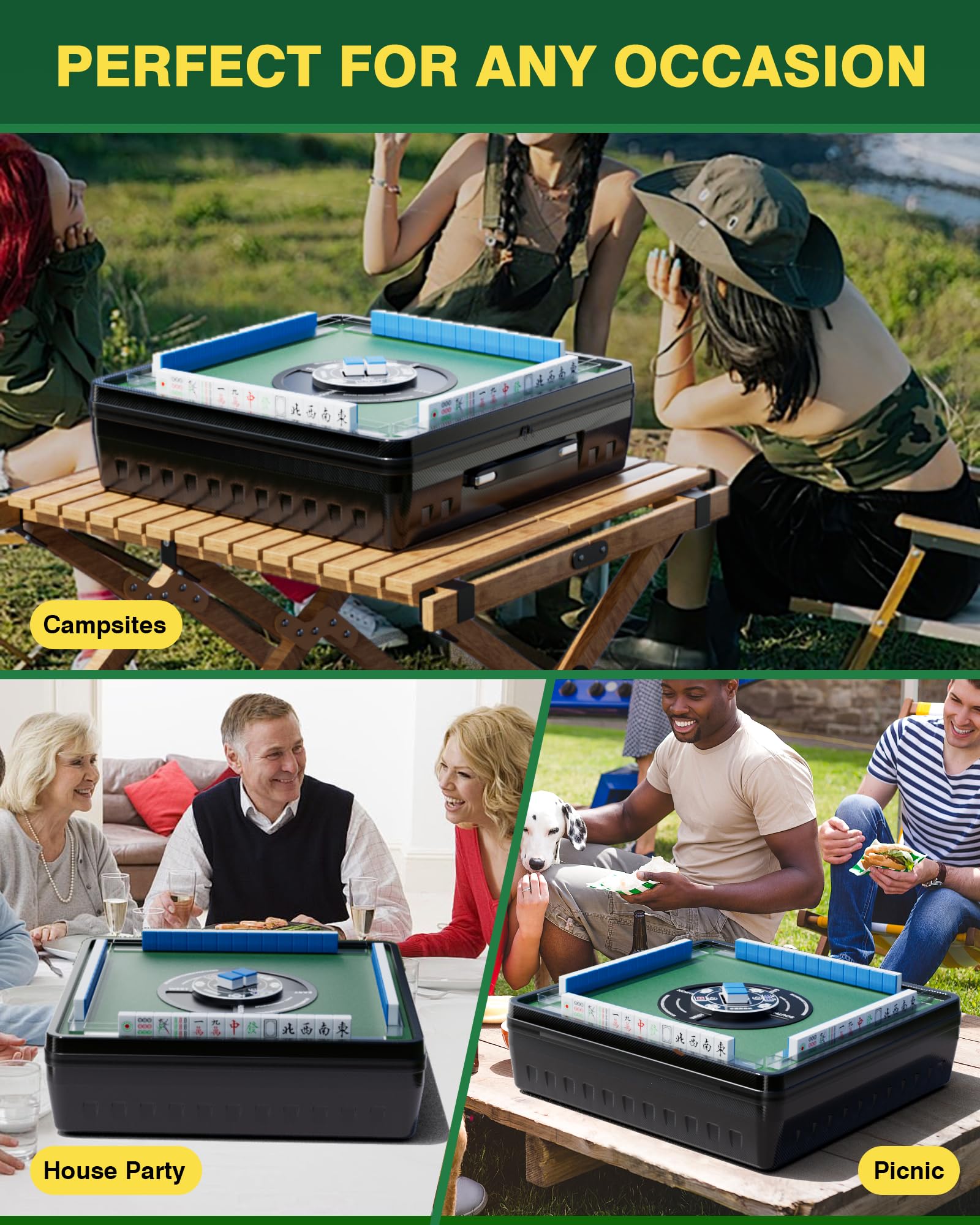 PYY Portable Automatic Mahjong Table - Foldable Tabletop Design, 166 Magnetic Mini Mahjong Tiles (Incl. 8 Dragons, 4 Blanks, 10 Jokers), Supports American & Chinese Styles, for Outdoor & Home Fun