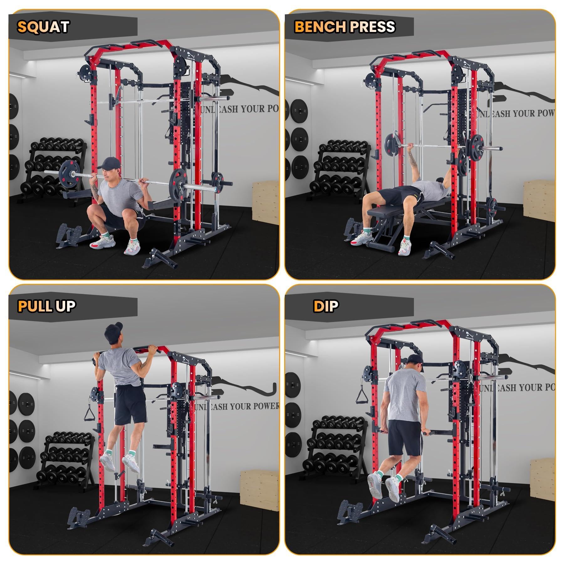 Patikuin Heavy-Duty Power Cage Smith Machine – Multi-Functional Comprehensive Home Gym Rack with Cable Crossover, Dual Pulley, LAT Pulldown, Dip Bars, Tricep Rope – Space-Saving, Black-Red