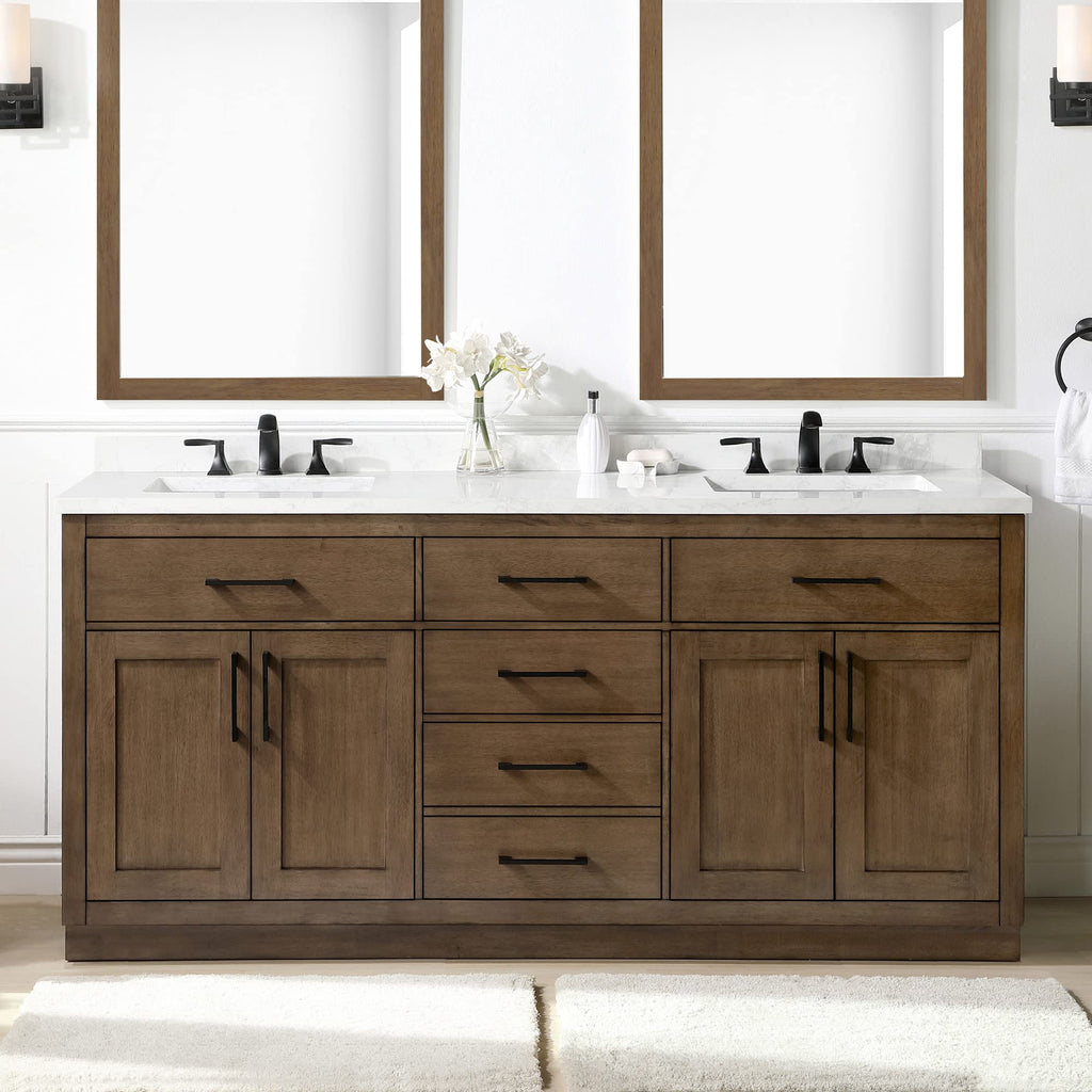 OVE Decors Athea 72" Double Undermount Sink Bathroom Vanity with Cultured Marble Countertop, Backsplash, Power Bar, in Almond Latte Finish