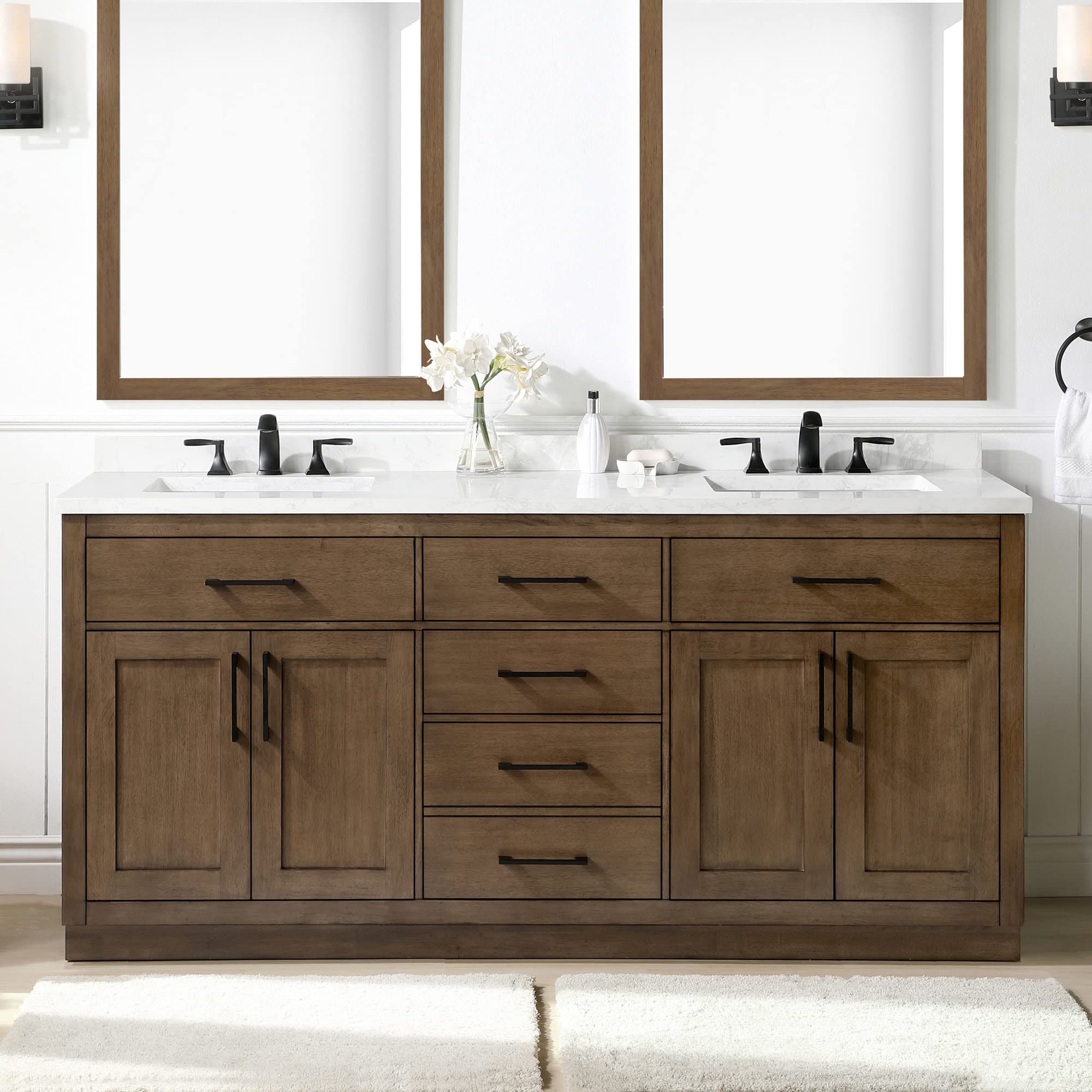 OVE Decors Athea 72" Double Undermount Sink Bathroom Vanity with Cultured Marble Countertop, Backsplash, Power Bar, in Almond Latte Finish