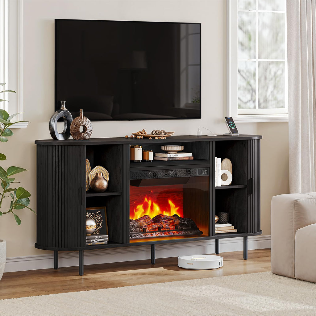 63" Fluted Fireplace TV Stand with 23" Electric Fireplace, Sliding Doors Entertainment Center for TVs Up to 70", TV Console with Power Outlet & Storage, Mid-Century Modern for Living Room, Black