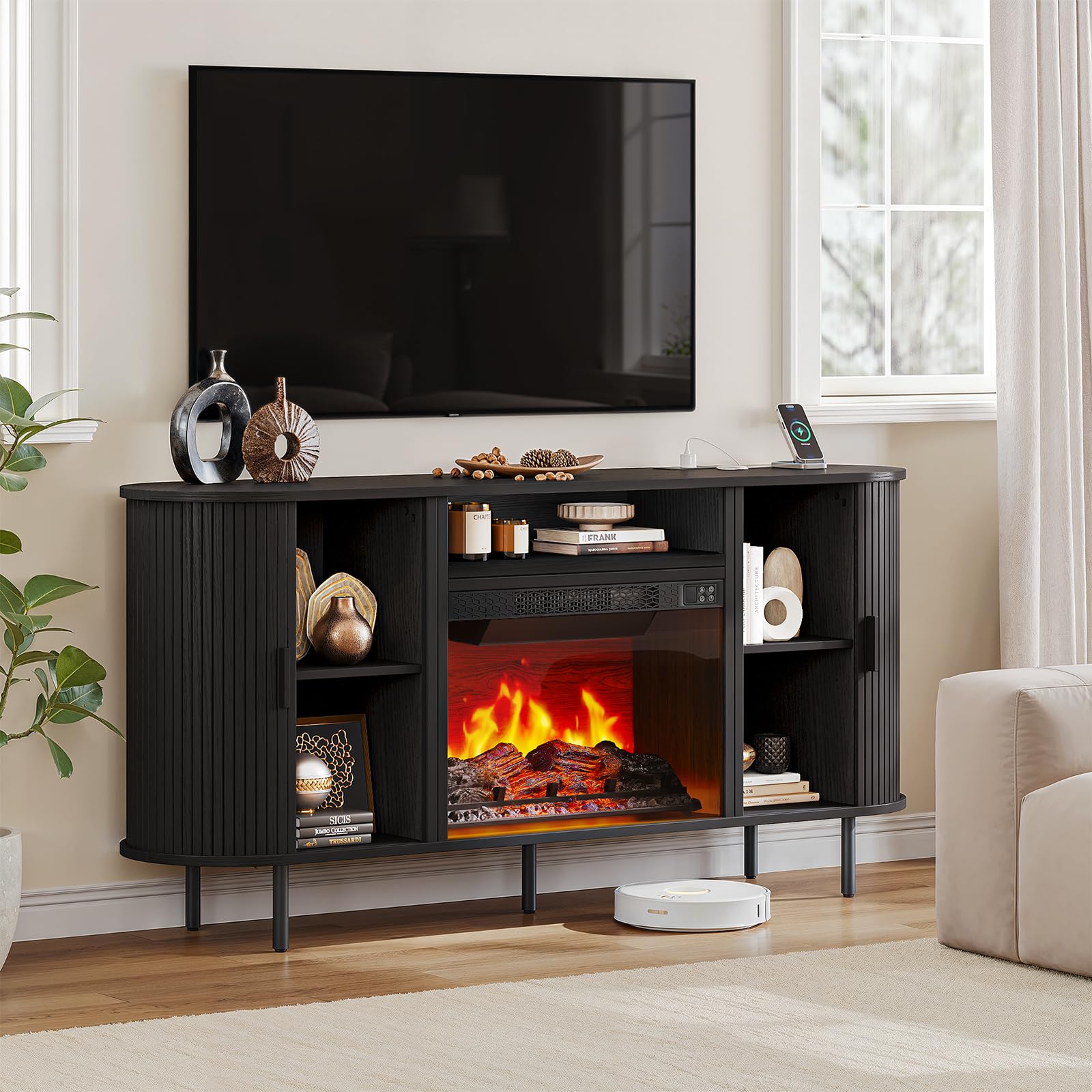 63" Fluted Fireplace TV Stand with 23" Electric Fireplace, Sliding Doors Entertainment Center for TVs Up to 70", TV Console with Power Outlet & Storage, Mid-Century Modern for Living Room, Black