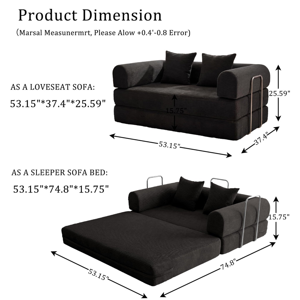 HouseMila 53.15" Boneless Couch,4-in-1 Futon Sofa Bed Modular Loveseat Sleeper Folding Compressed Couch with Pillows,No Assembly Required Convertible Sofa Bed for Living Room Bedroom Guest Room,Black