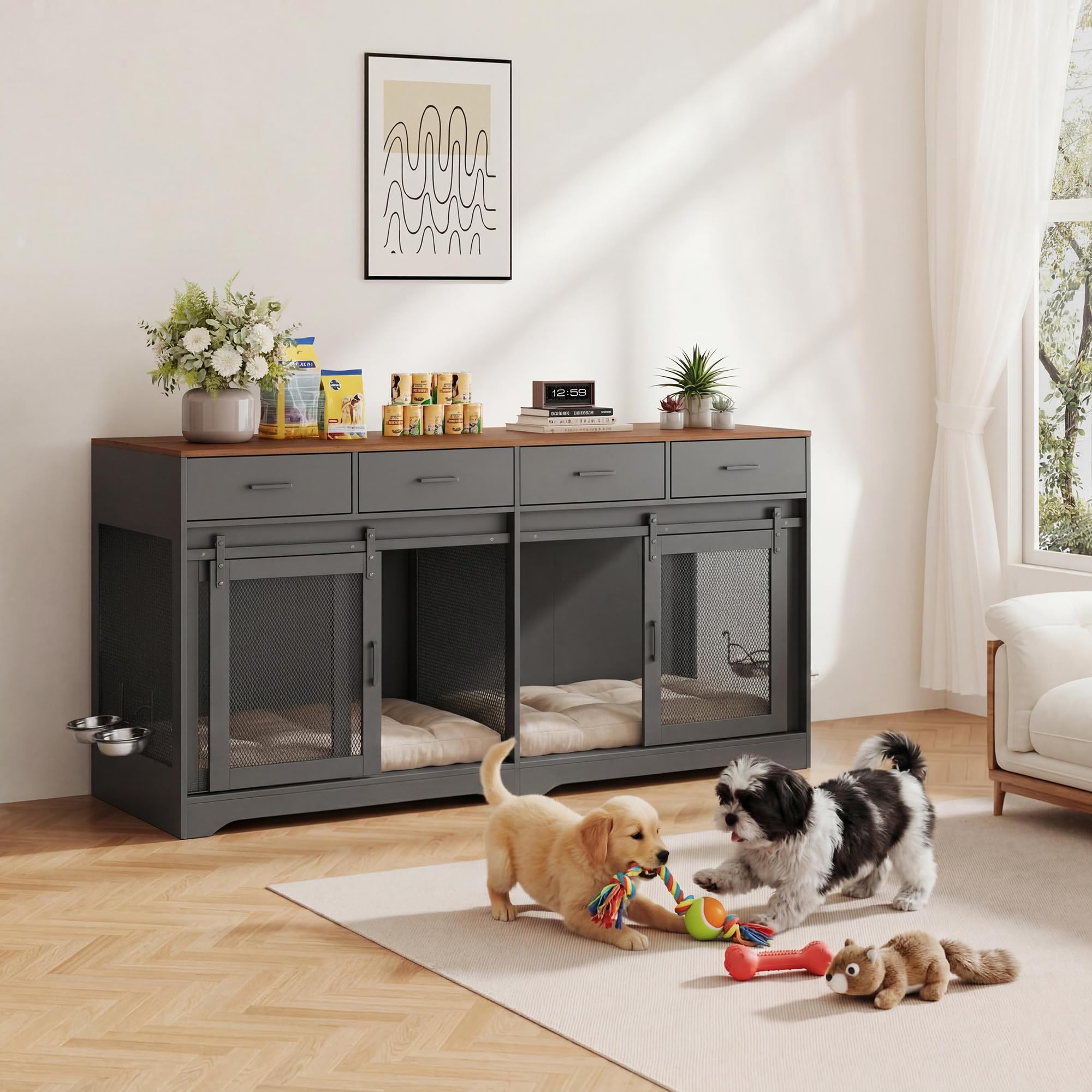 Garvee Double Dog Crate Furniture, 71'' Large Dog Crate Furniture for 2 Dogs with 4 Sliding Doors and 4 Drawers, Dog Kennel Furniture for Large Dogs Indoor with Feeding Bowls, Black