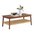 Alaterre Furniture Calais 48 Inch Rectangular Solid Wood Coffee Table with Woven Storage Shelf – Mid Century Modern 2-Tier Living Room Table (Chestnut)