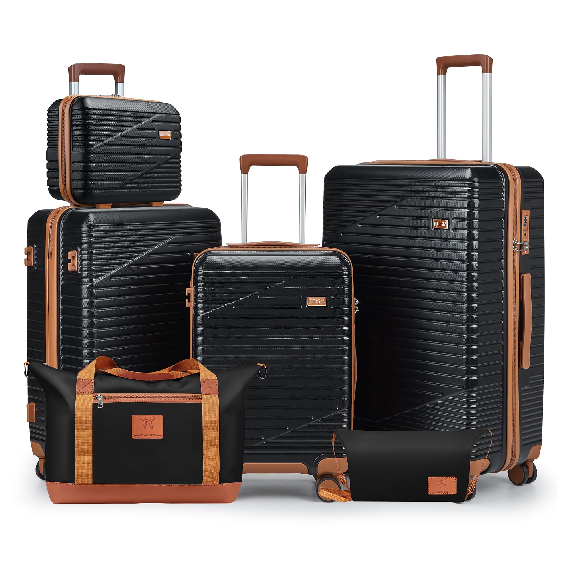 NEISIA Luggage Sets,PC+ABS Hard Shell Carry on Suitcase with Spinner Wheels and TSA Lock, Travel Lightweight Luggage Set with Spinner Wheels (Black, 6 piece sets （14/20/24/28/DB/TB)