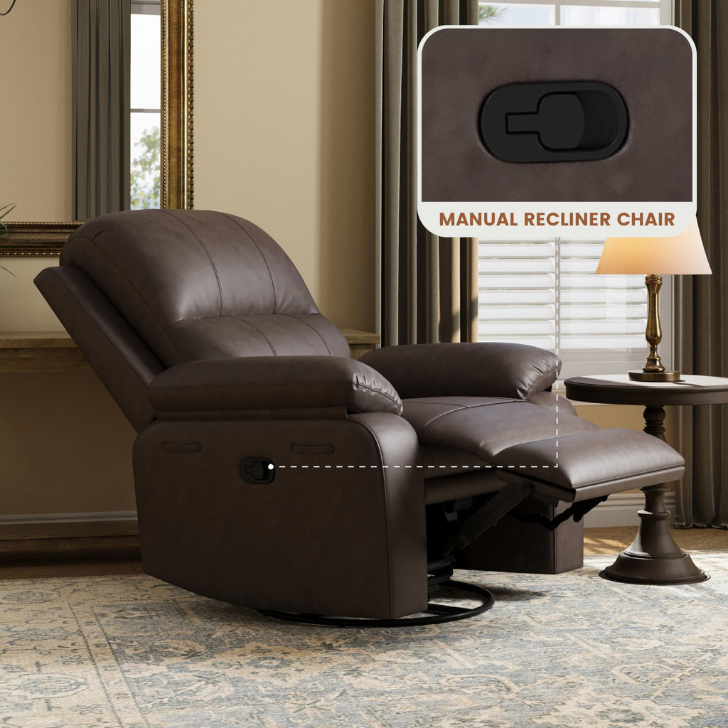 Attalee Leather Swivel Rocker Recliner Chair Set of 2, Traditional Manual Chair, Upholstered Nursery Glider Rocking Recliner, Faux Leather Single Sofa with Pocket Spring for Living Room, Dark Brown