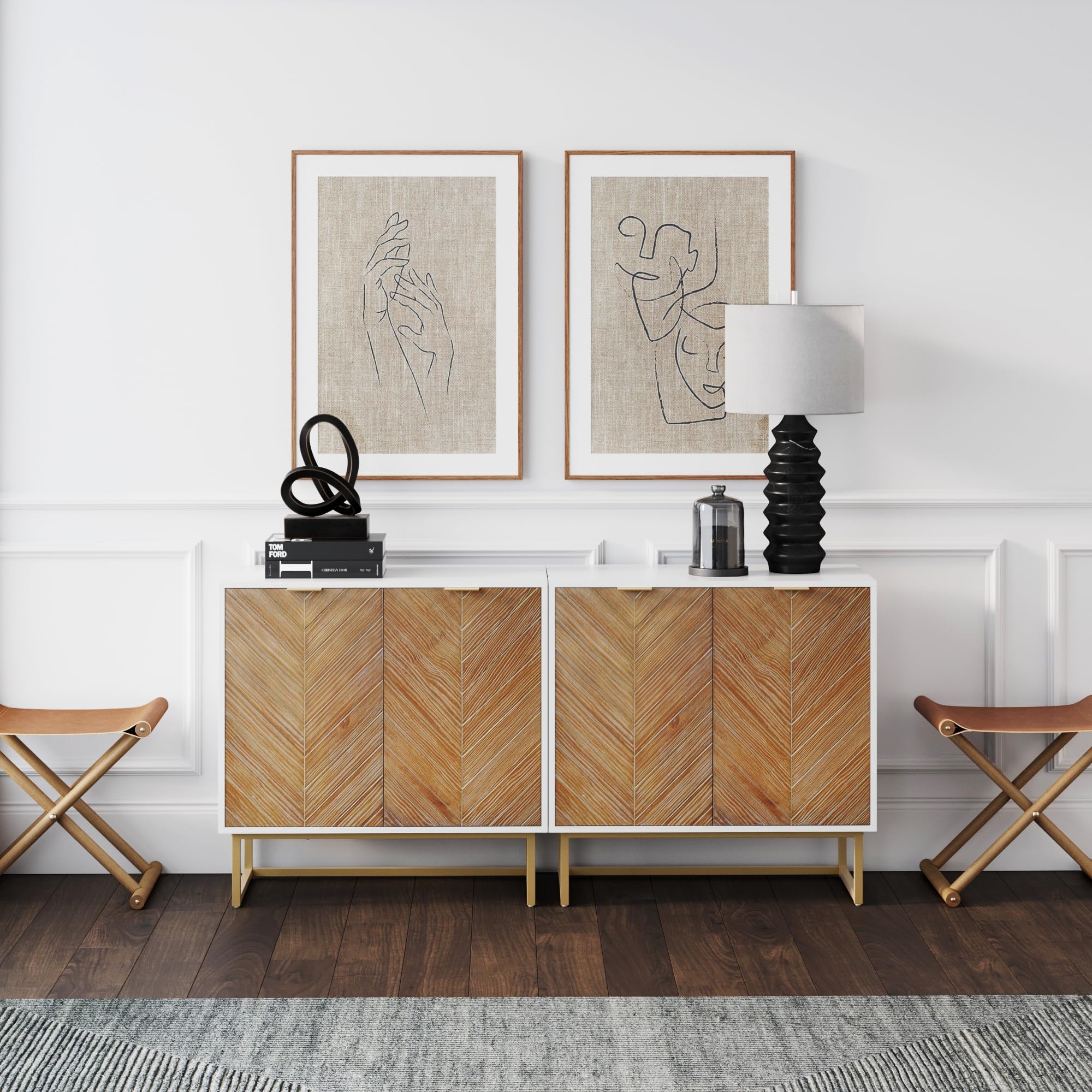 Nathan James Enloe Modern Storage Free Standing Accent Cabinet TV Stand with Doors in a Rustic Pine Wood Finish and Gold Metal Base for Hallway, Entryway or Living Room, Brown/White/Gold, Set of 2