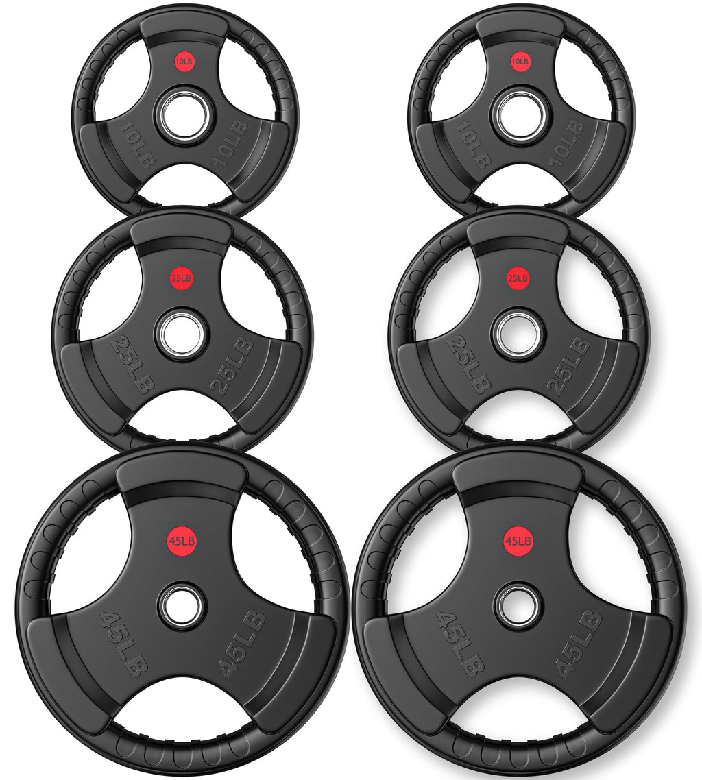 Gikpal Olympic Weight Plates, 2-Inch Three-Grip Rubber Coated Barbell Plates with Steel Hub, Cast Iron Weights for Strength Training & Home Gym, Pair or Sets (2.5–45LB)