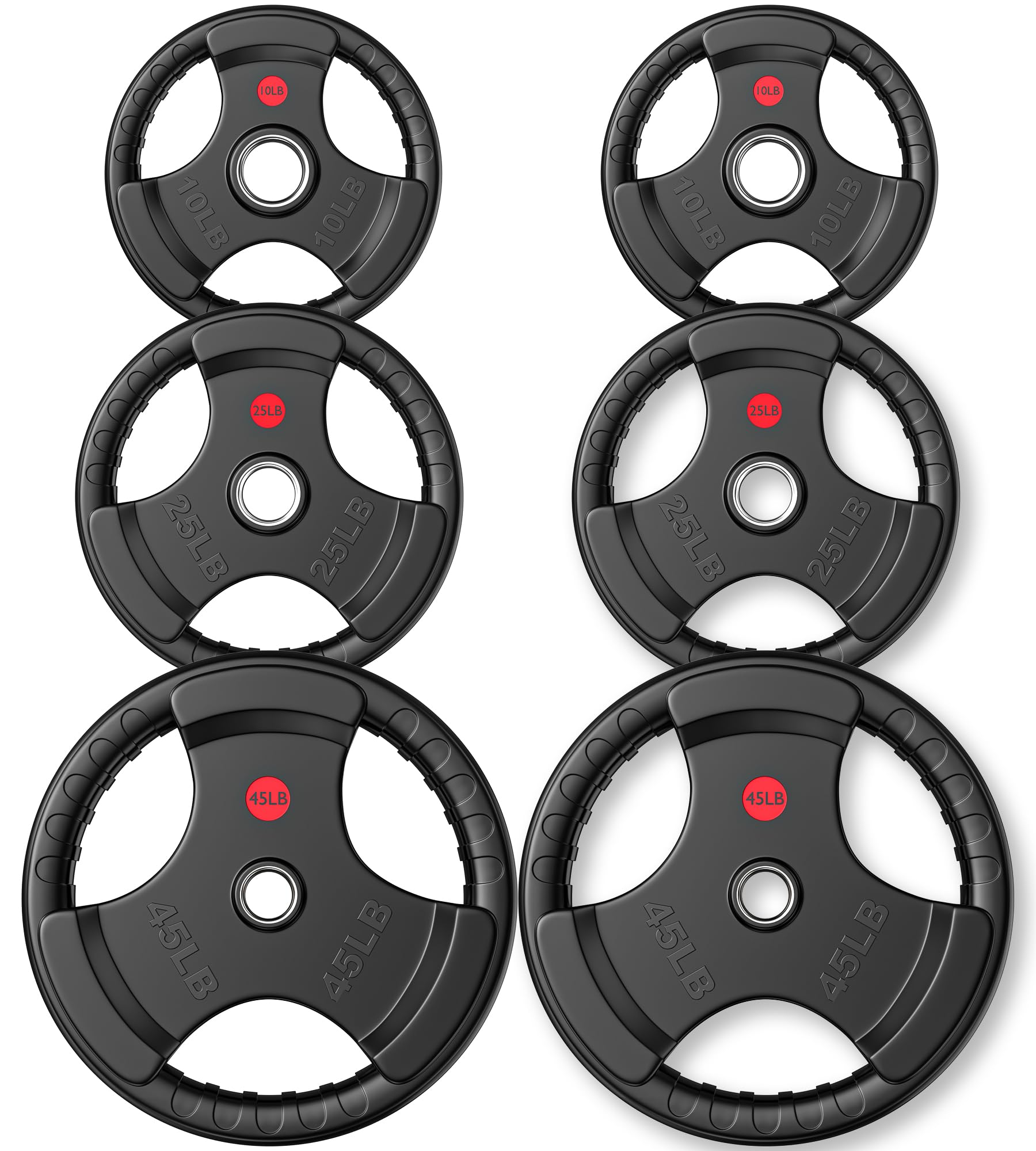 Gikpal Olympic Weight Plates, 2-Inch Three-Grip Rubber Coated Barbell Plates with Steel Hub, Cast Iron Weights for Strength Training & Home Gym, Pair or Sets (2.5–45LB)