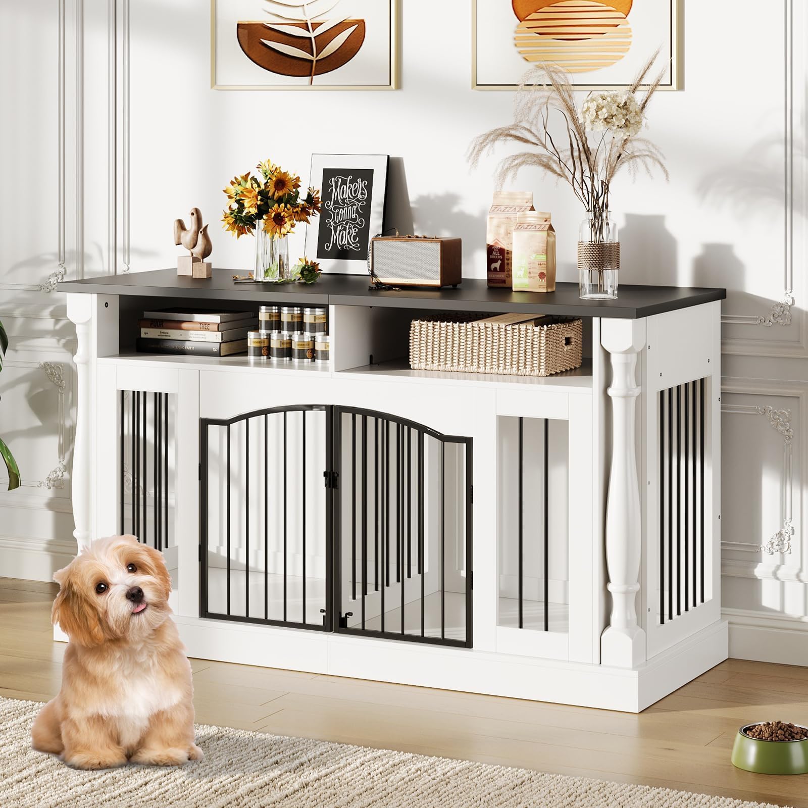 63 Inch Double Dog Crate TV Stand, Heavy Duty Wooden Dog Crate Furniture for 2 Dogs, Dog Kennel Indoor Furniture Ideal for 2 Dogs